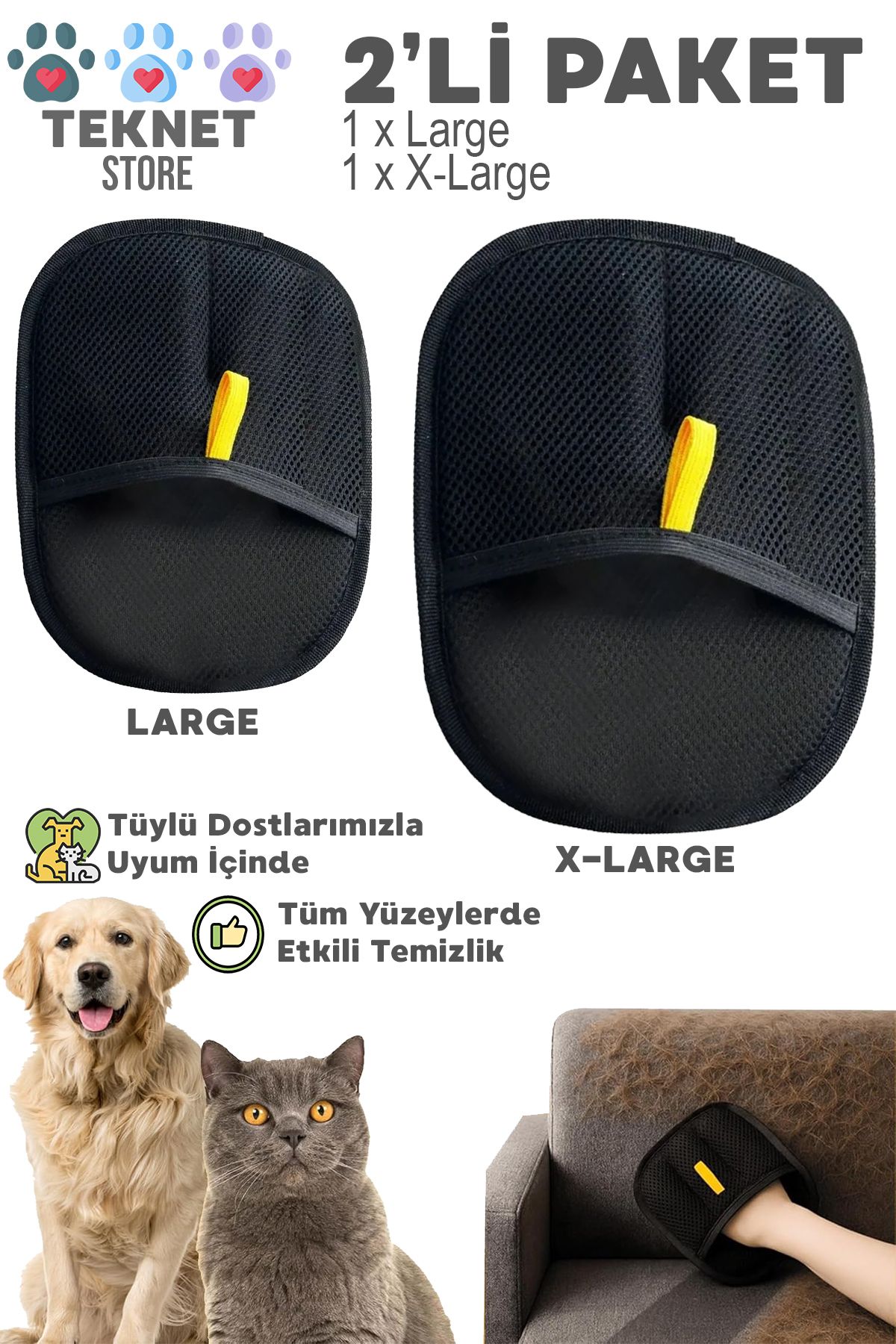 TEKNETSTORE Kedi Köpek Tüy Toplayıcı Yıkanabilir Statik Eldiven Koltuk Halı Elbise Tüy Temizleme Aparatı 2'Li