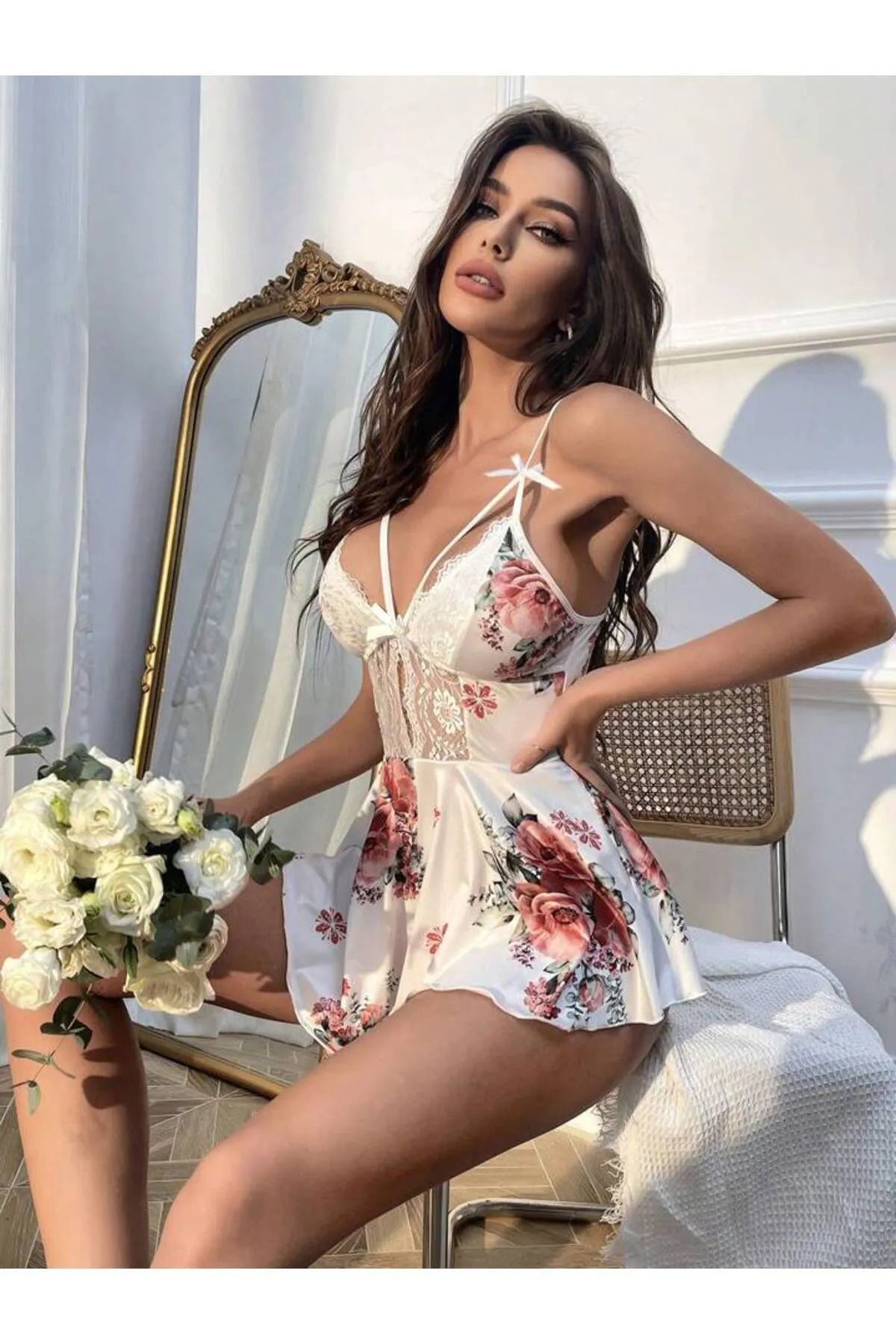 lovenue lingerie Kadın çiçek desenli askılı fantezi tulum gecelik