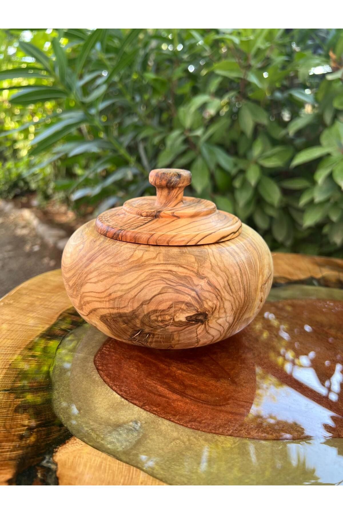 SUR AHŞAP EPOKSİ Zeytin Ağacından El Yapımı Organik Kapaklı Şekerlik 8*13 cm