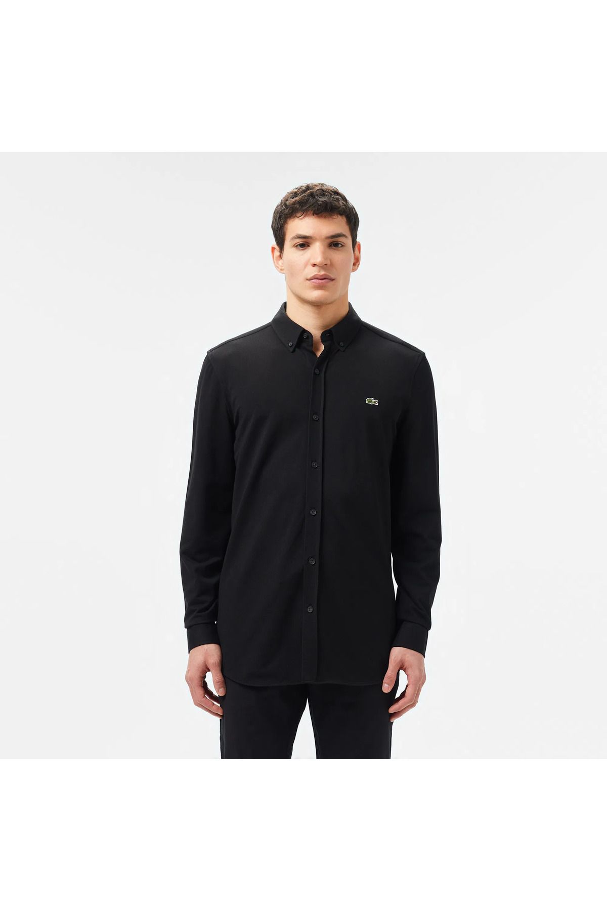 Lacoste Sport Erkek Slim Fit Düğmeli Yaka Siyah Keten Gömlek
