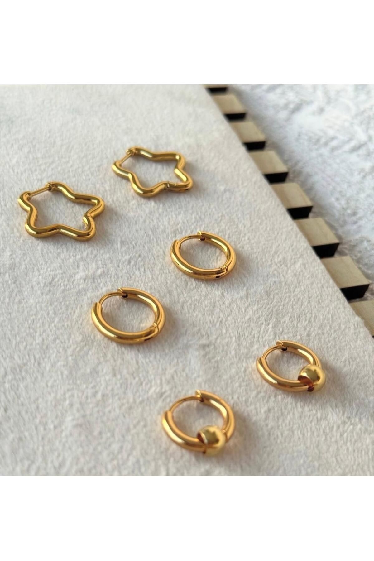 steel stainless Çelik 6´lı Set Gold Küpe