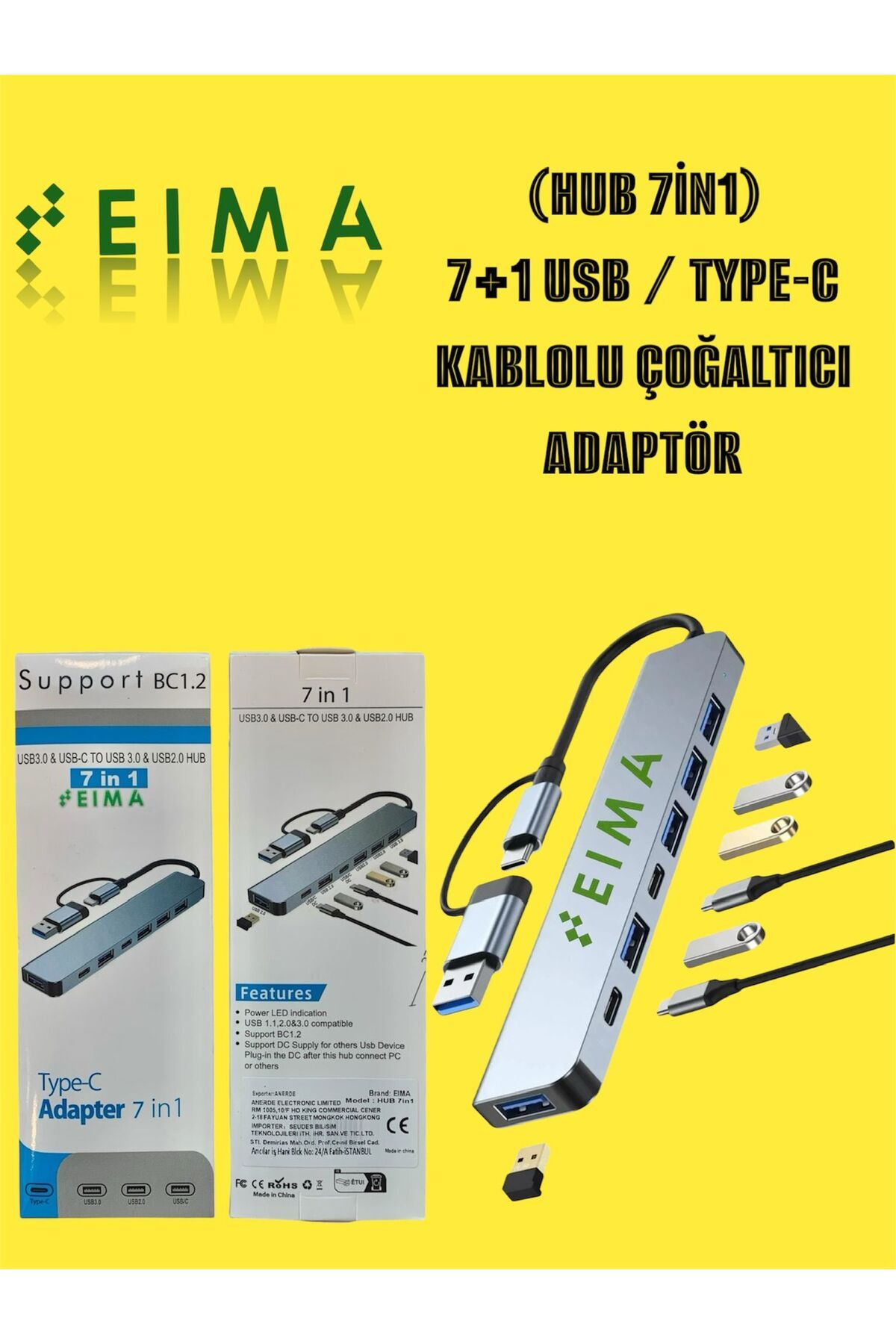 Bestech 7+1 USB / Type C Kablolu Çoğaltıcı Adaptör 7İN1
