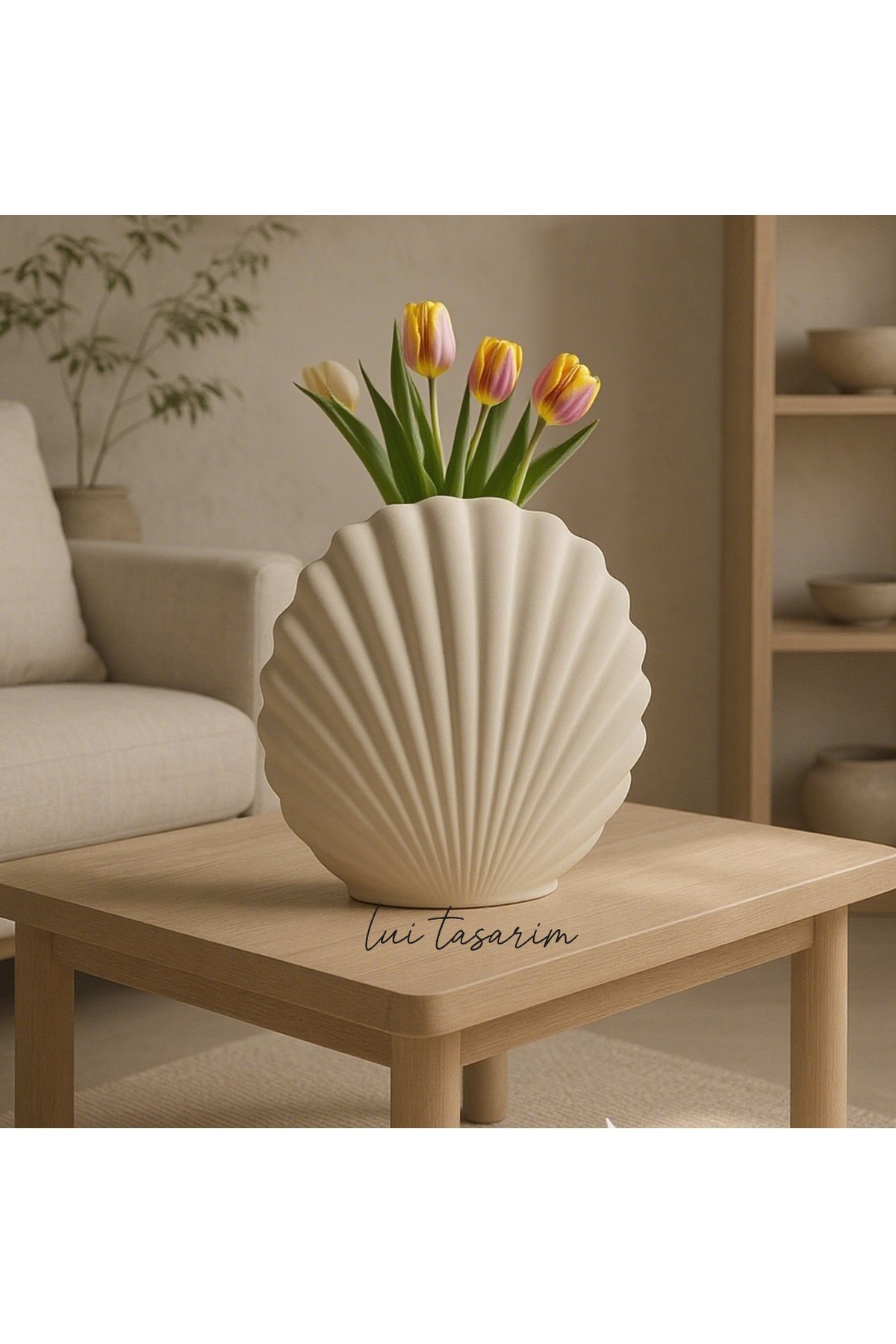 Lui Tasarım-Cream Seashell XL Size Oyster Vase Natural Ceramic Cream Color (Not Concrete Plaster Large Size) 2