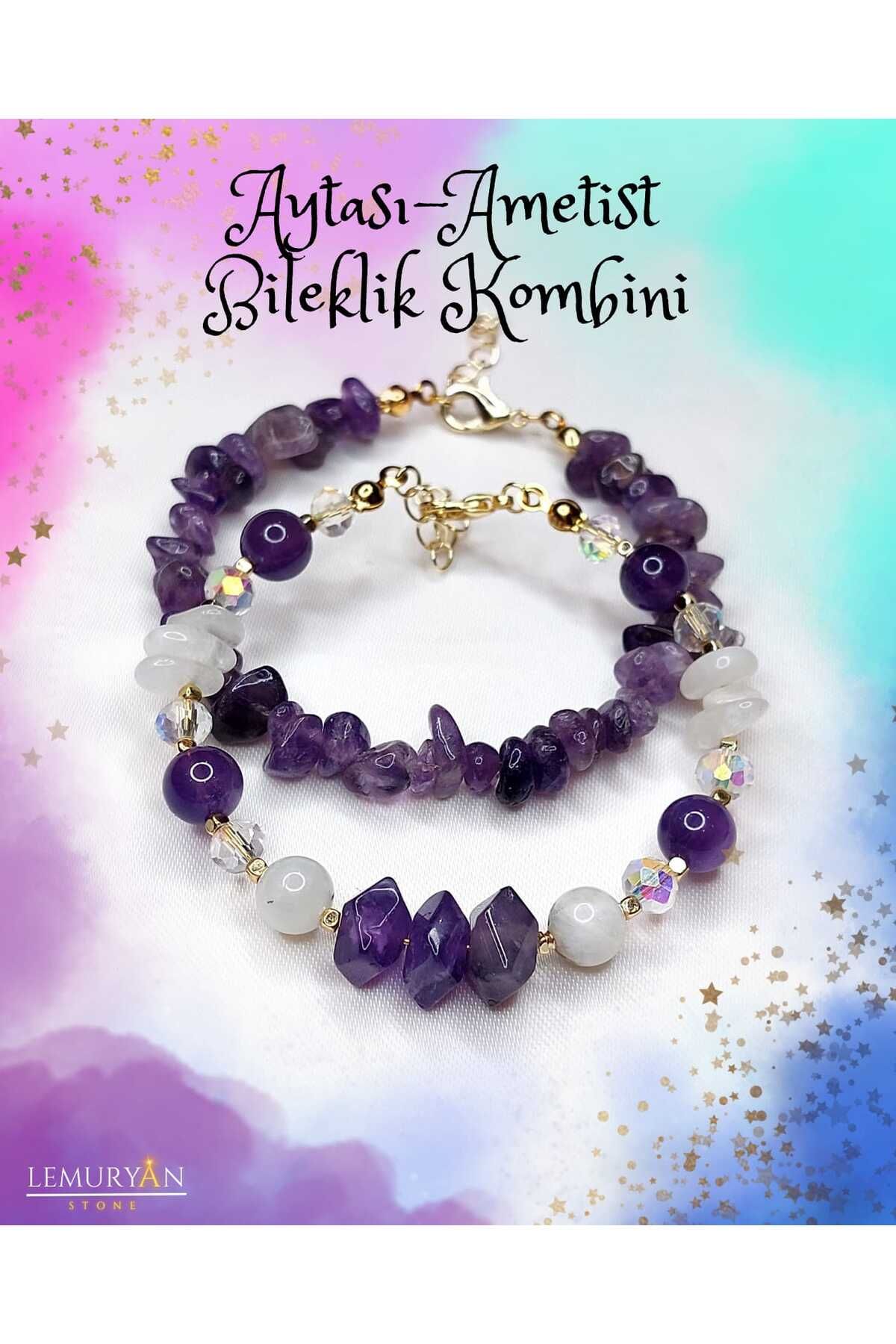 Herkimer Doğal Taş Ametist & Aytaşı 2'li Yüksek Kalite Doğaltaş Bileklik Kombini