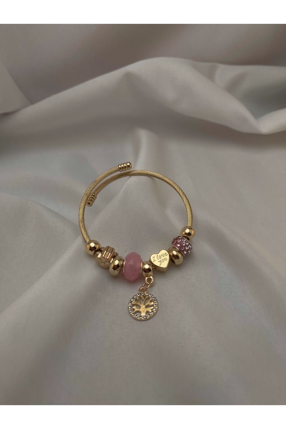 Butik Çelik - Gold Renk Bileklik - Ağaç ve Yonca Charmlı - Pembe Renk