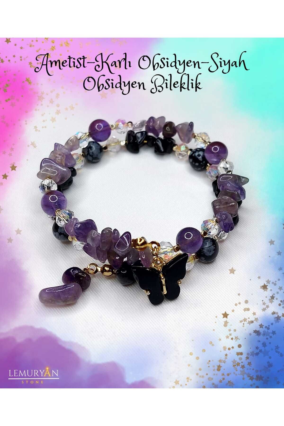 Herkimer Doğal Taş Ametist - Karlı Obsidyen - Siyah Obsidyen Helozon Doğaltaş Tasarım Bileklik