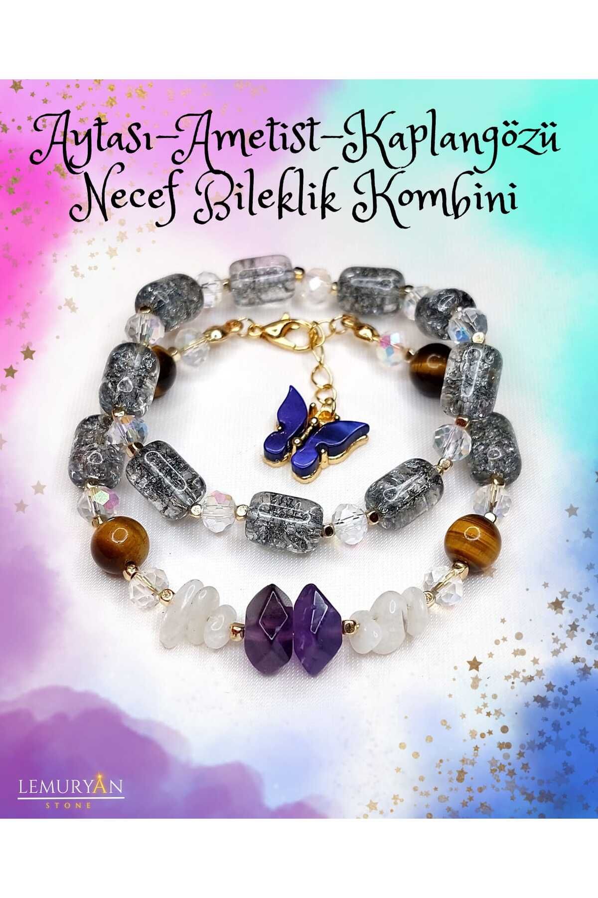 Herkimer Doğal Taş Aytaşı - Ametist - Kaplangözü - Necef Taşı 2'li Doğaltaş Bileklik Kombini