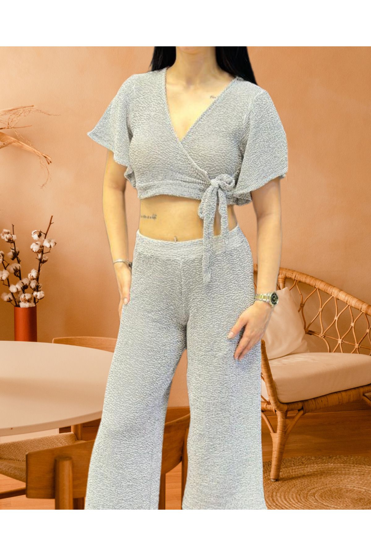 MODA Kraveze ispanyol kol paça crop Ikili Eşofman Takımı Yazlık Rahat Spor Kombin V yaka