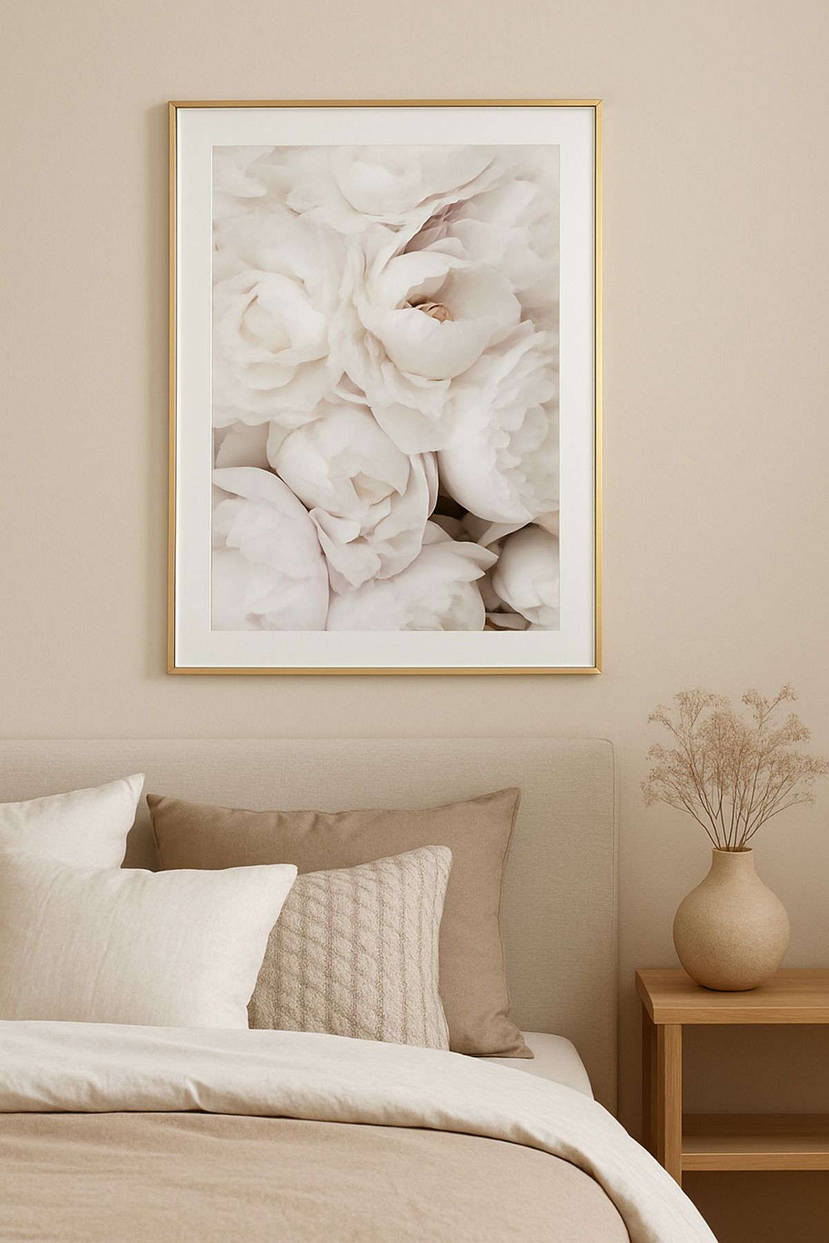 seninürünün Beyaz Şakayık Çiçeği - Gerçek Cama Baskı Gold Alüminyum Metal Çerçeveli Tekli Modern Tablo