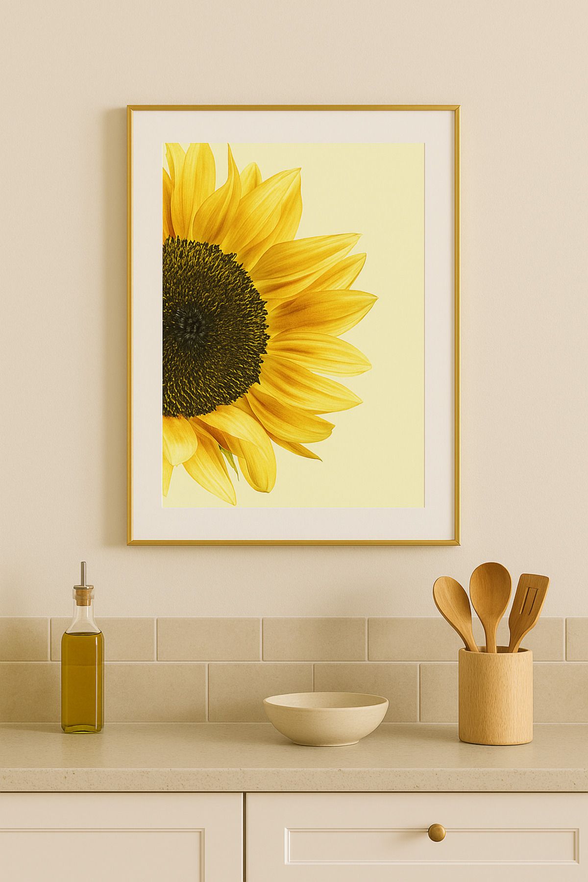 seninürünün Ayçiçeği Sunflower - Gerçek Cama Baskı Gold Alüminyum Metal Çerçeveli Tekli Modern Tablo