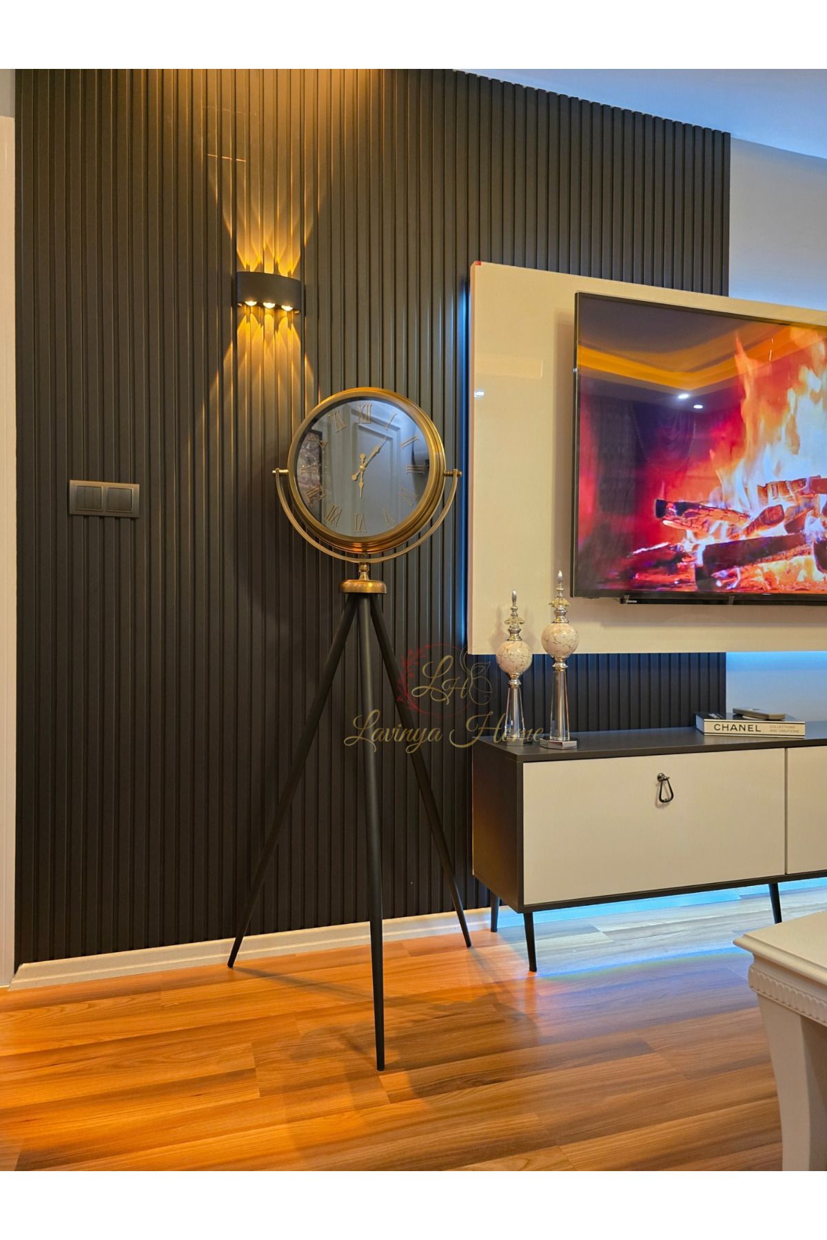 LH Lavinya Home Saat Aynalı Tripod Ayaklı 150 Cm | Eskitme Renk Metal Gövde Dekoratif Tasarım