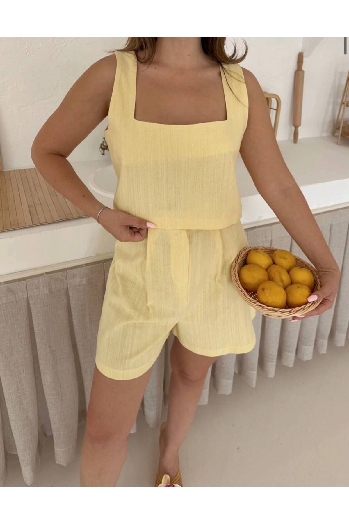 Butik Beyza İthal Keten Kumaş Bluz Şort İkili Takım