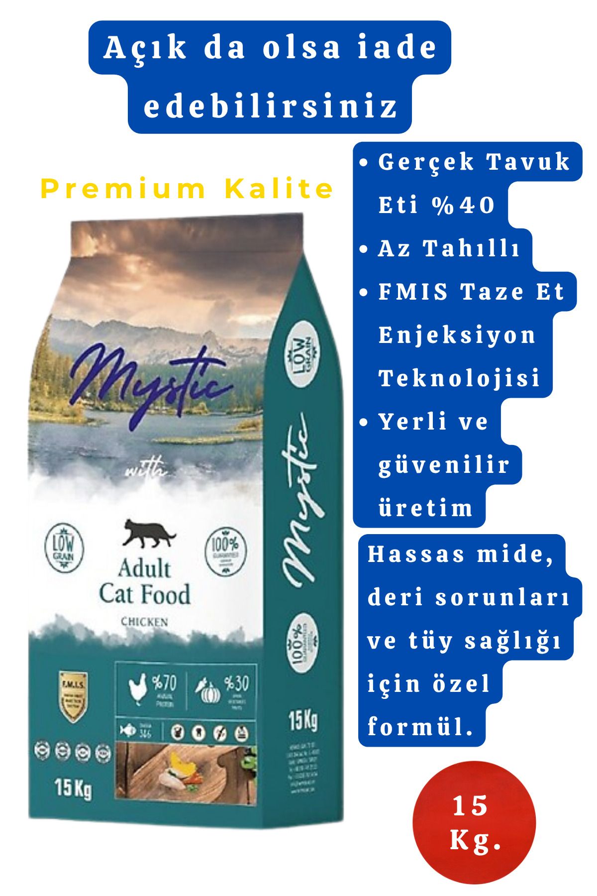 Mystic Az Tahıllı Premium Tavuklu Doğal Yetişkin Kedi Maması 15Kg. Mide Sindirimi Kolay Tüy Ve Deri Sağlığı