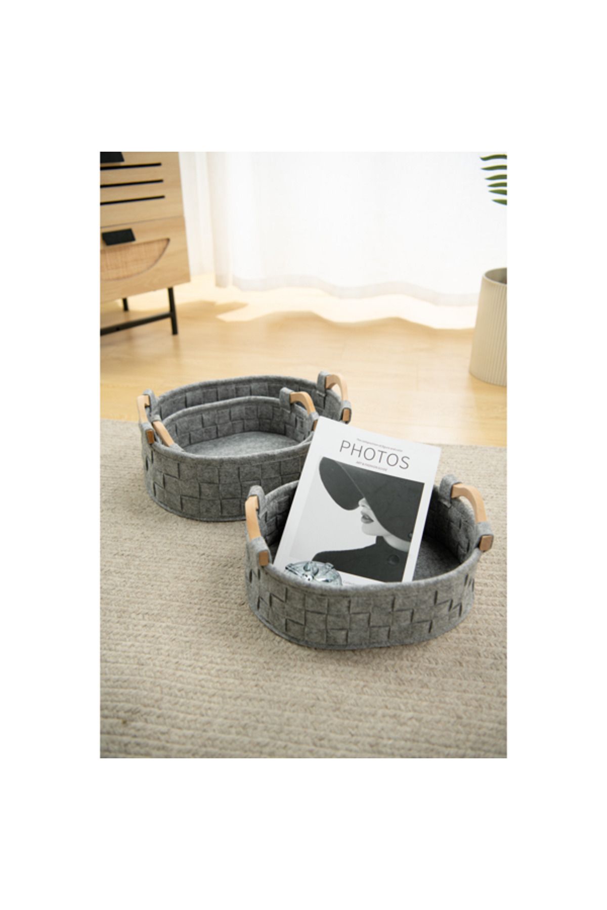 HONEYBEE-3-Piece Sturdy Open Top Design Storage Basket Set with Handle Grey 2