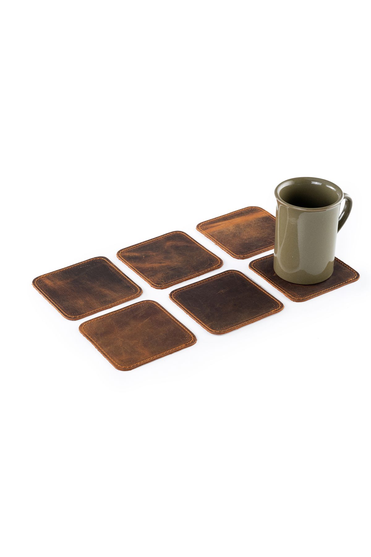 LWA Leather Deri Bardak Altlığı – ElYapımı Deri Bardak Altlıkları – Kişiye Özel Bardak Altlığı – 6’lı Set - Taba
