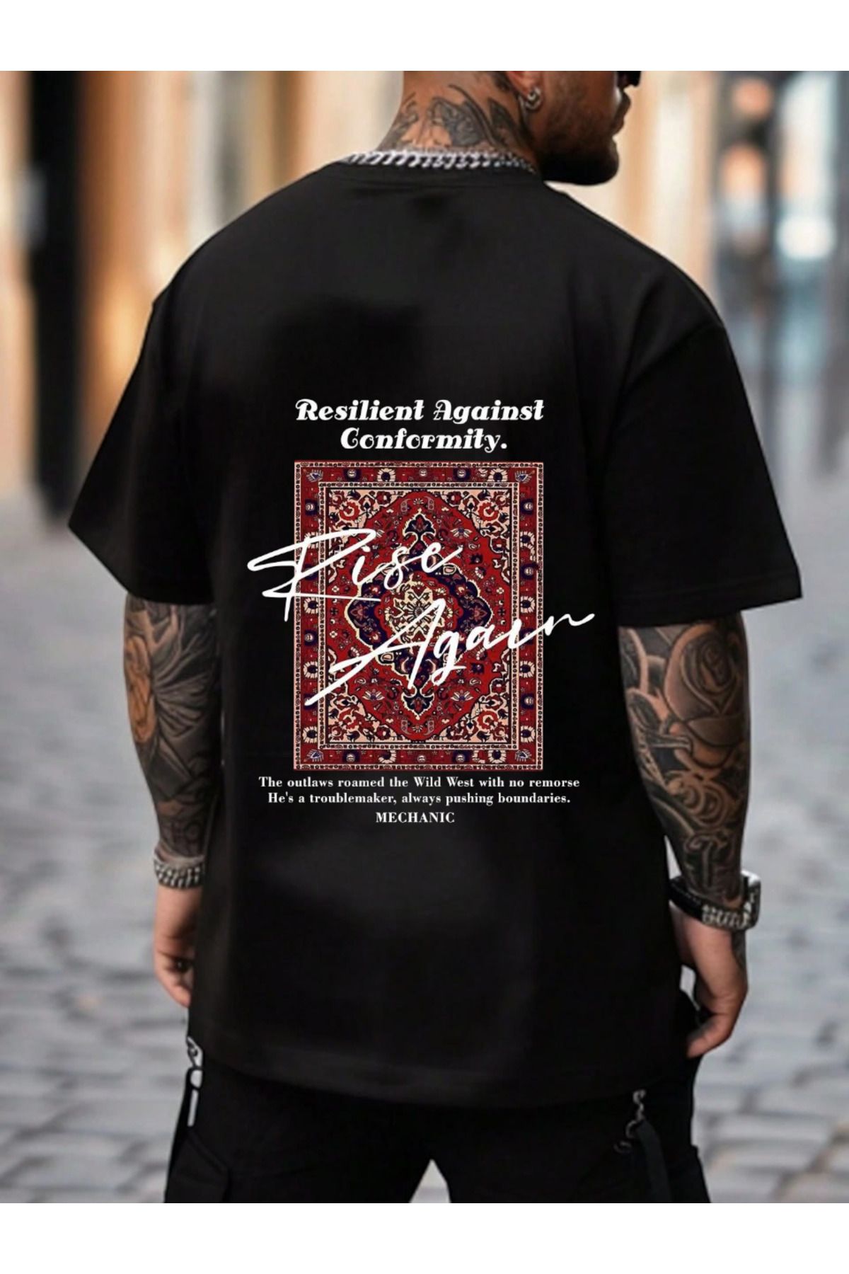 ELNOYA Unisex Pamuklu Siyah Oversize "Hasır" Baskılı Bisiklet Yaka Rahat T-shirt