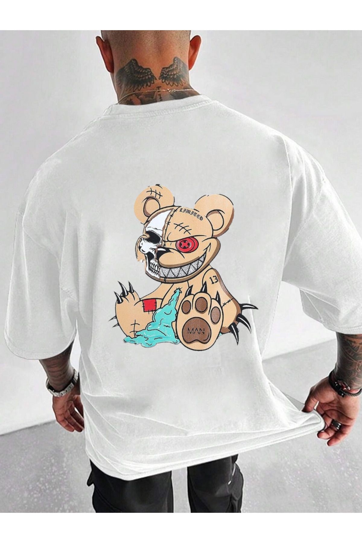 ELNOYA Unisex Pamuklu Beyaz Oversize "Çılgın Ayı" Baskılı Bisiklet Yaka Rahat T-shirt