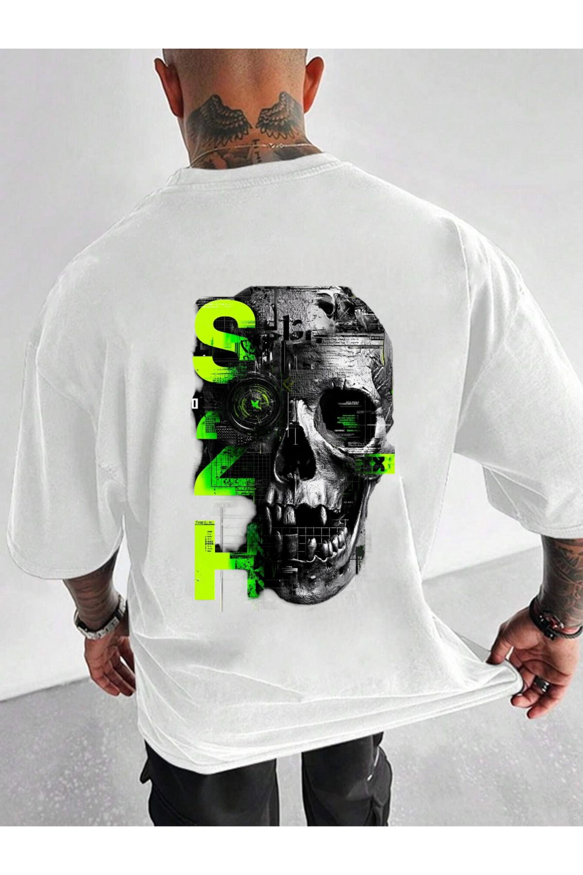 ELNOYA Unisex Pamuklu Beyaz Oversize "Kafa" Baskılı Bisiklet Yaka Rahat T-shirt