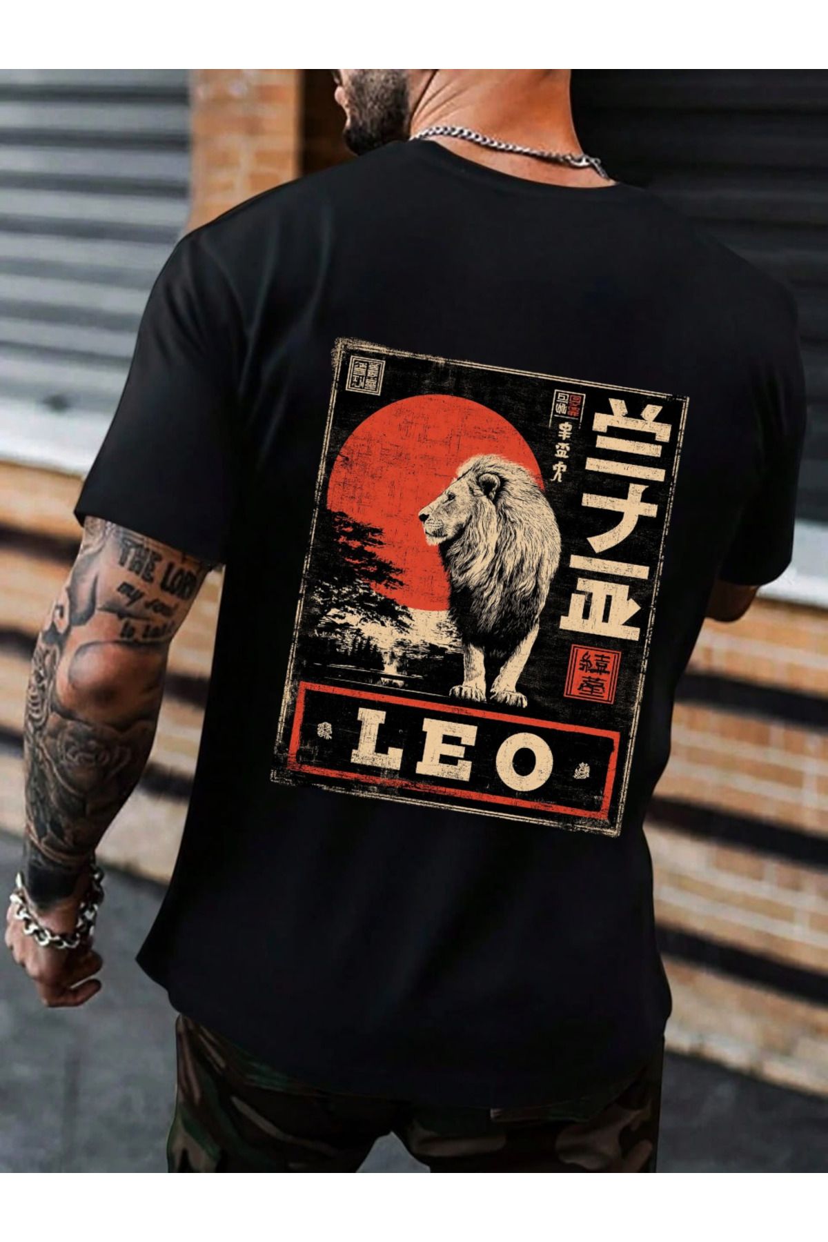 ELNOYA Unisex Pamuklu Siyah Oversize "Aslan Leo" Baskılı Bisiklet Yaka Rahat T-shirt