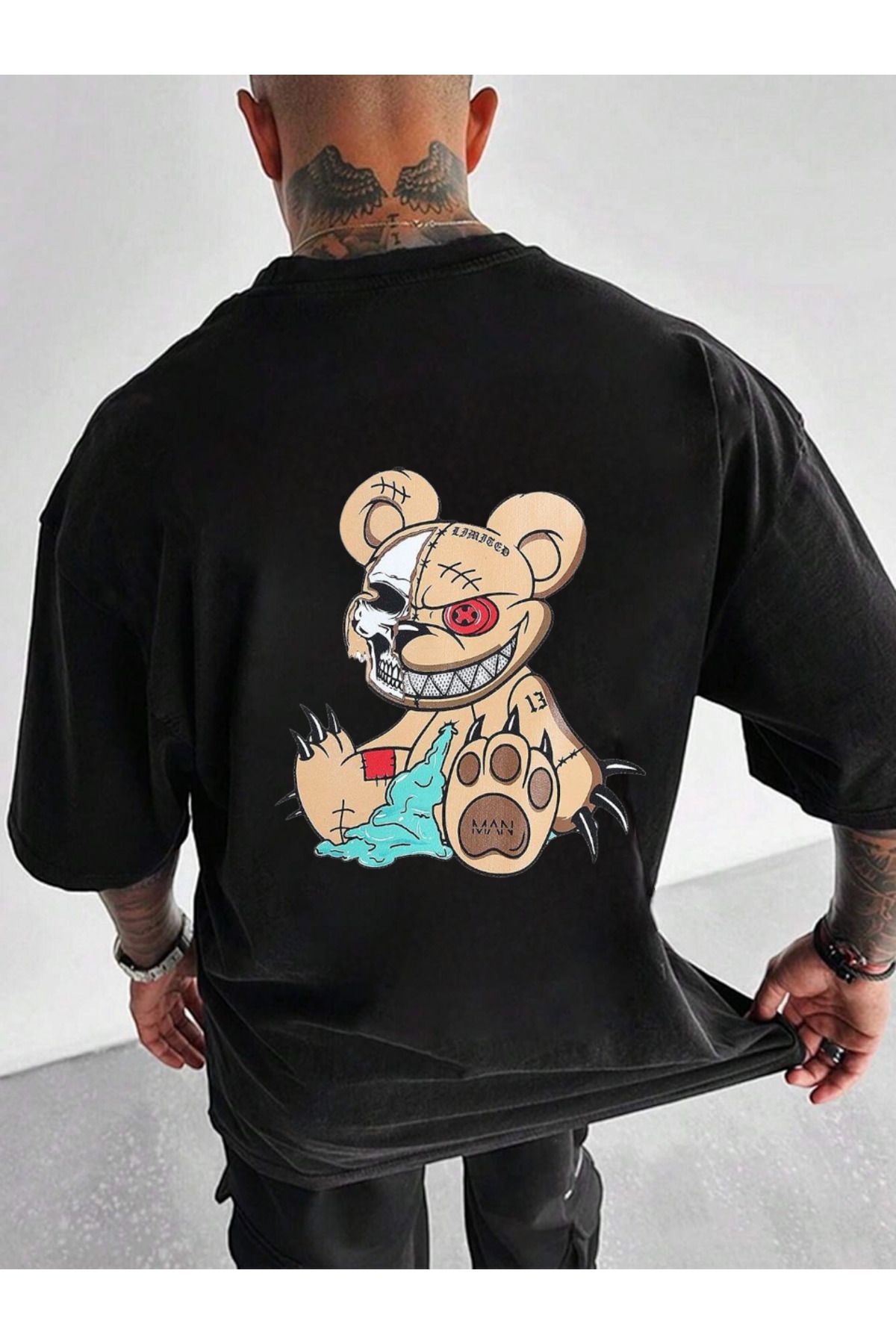 ELNOYA Unisex Pamuklu Siyah Oversize "Çılgın Ayı" Baskılı Bisiklet Yaka Rahat T-shirt