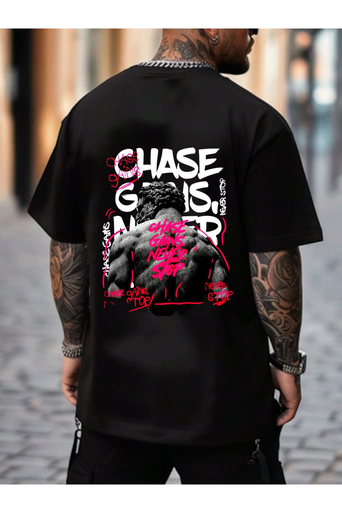 ELNOYA Unisex Pamuklu Siyah Oversize "Never Stop" Baskılı Bisiklet Yaka Rahat T-shirt