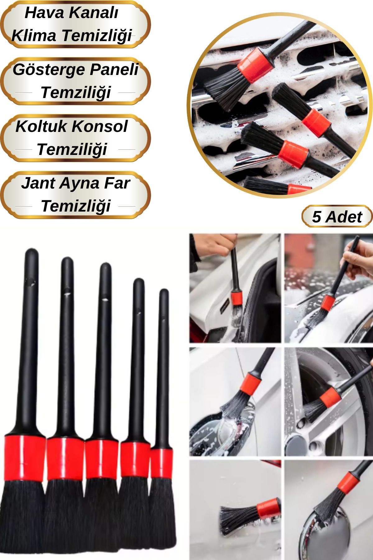 Hane Dostu 5 Adet Farklı Boy Islak ve Kuru Kullanıma Uygun Araç Detay Temizlik Fırça Seti