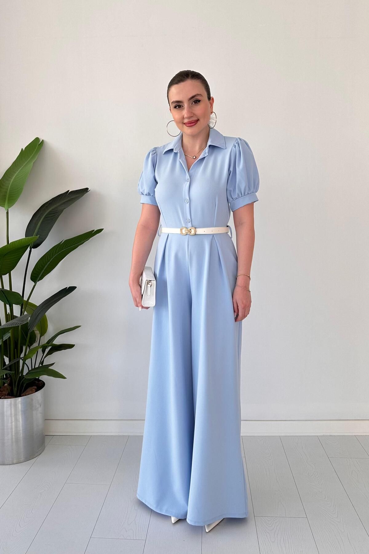 MaziButik Gömlek Yaka Pileli Tulum Bebe Mavi