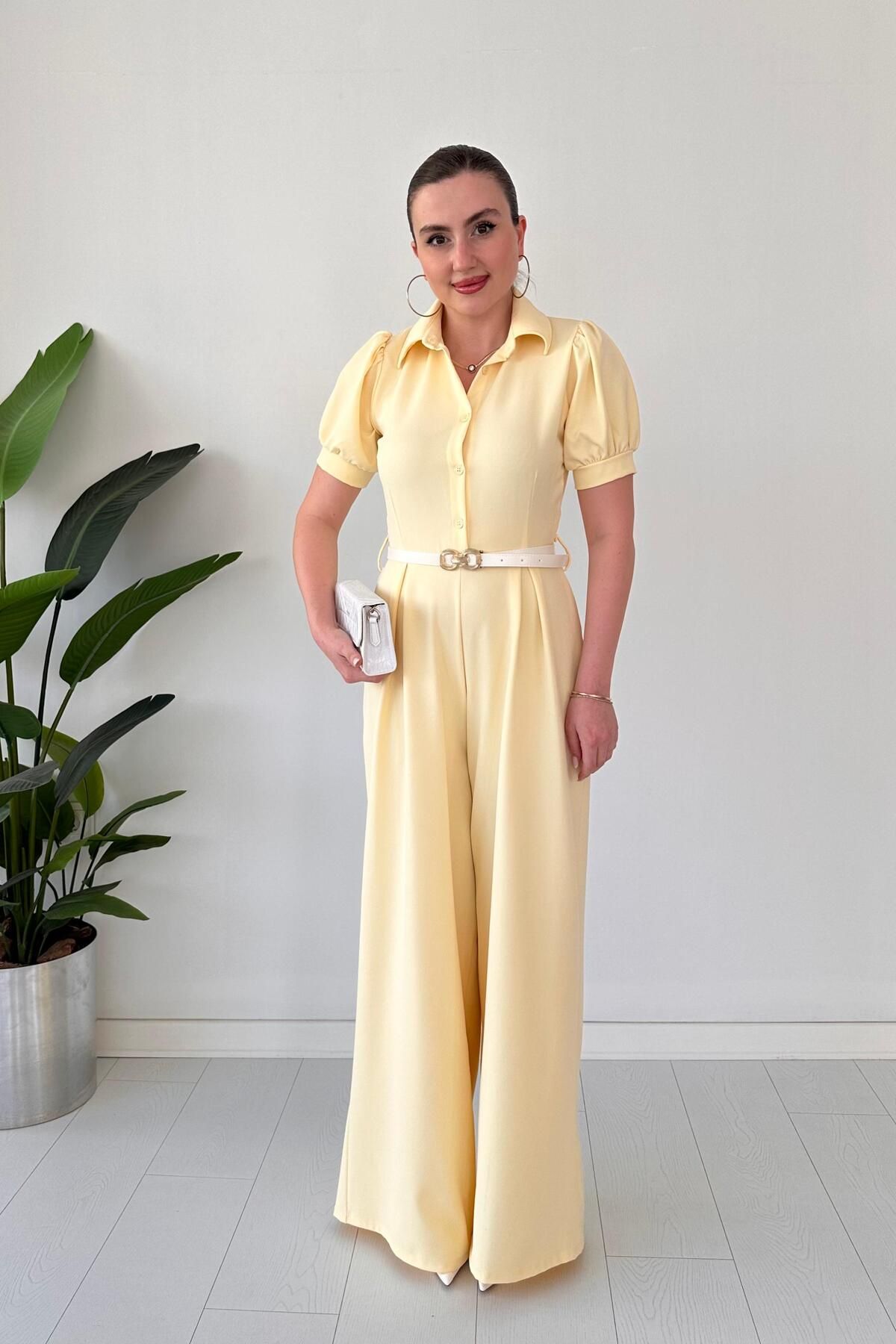 MaziButik Gömlek Yaka Pileli Tulum Sarı
