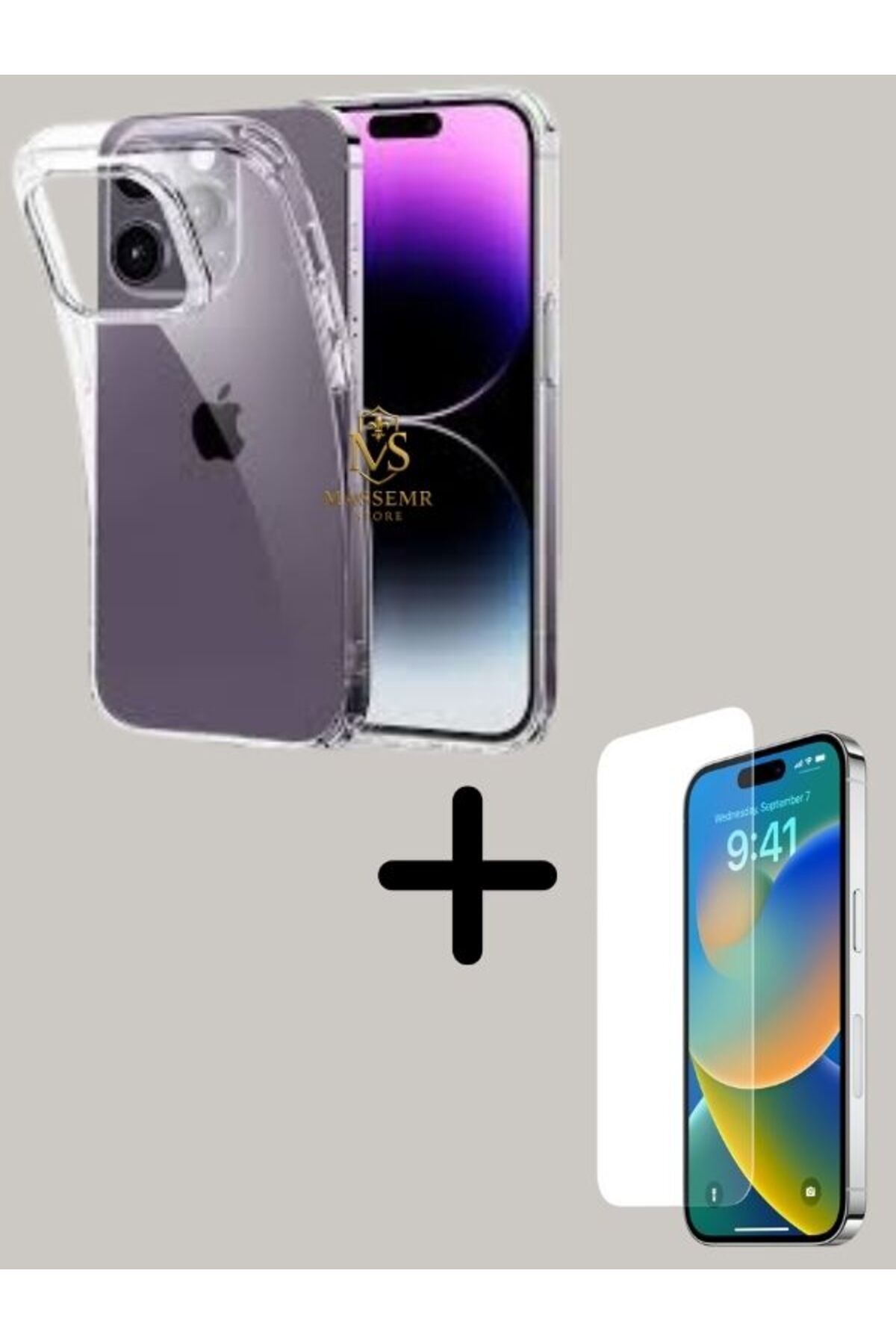 Massemr iPhone 14 Pro Uyumlu Şeffaf Darbe Emici Kılıf + 9H Ekran Koruyucu Cam – Akıllı Koruma Seti
