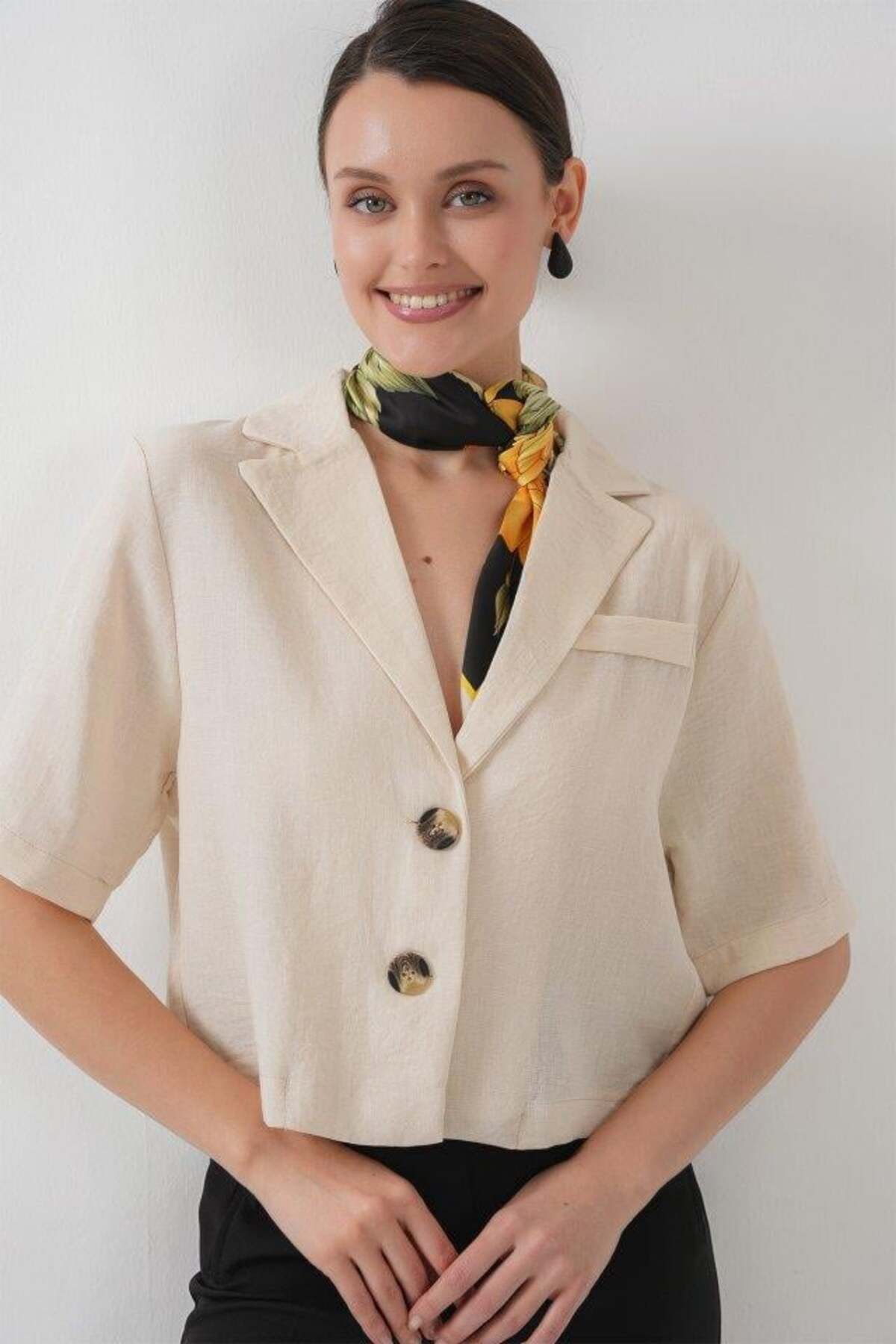 modamtn 0706 Crop Keten Ceket - M. Krem