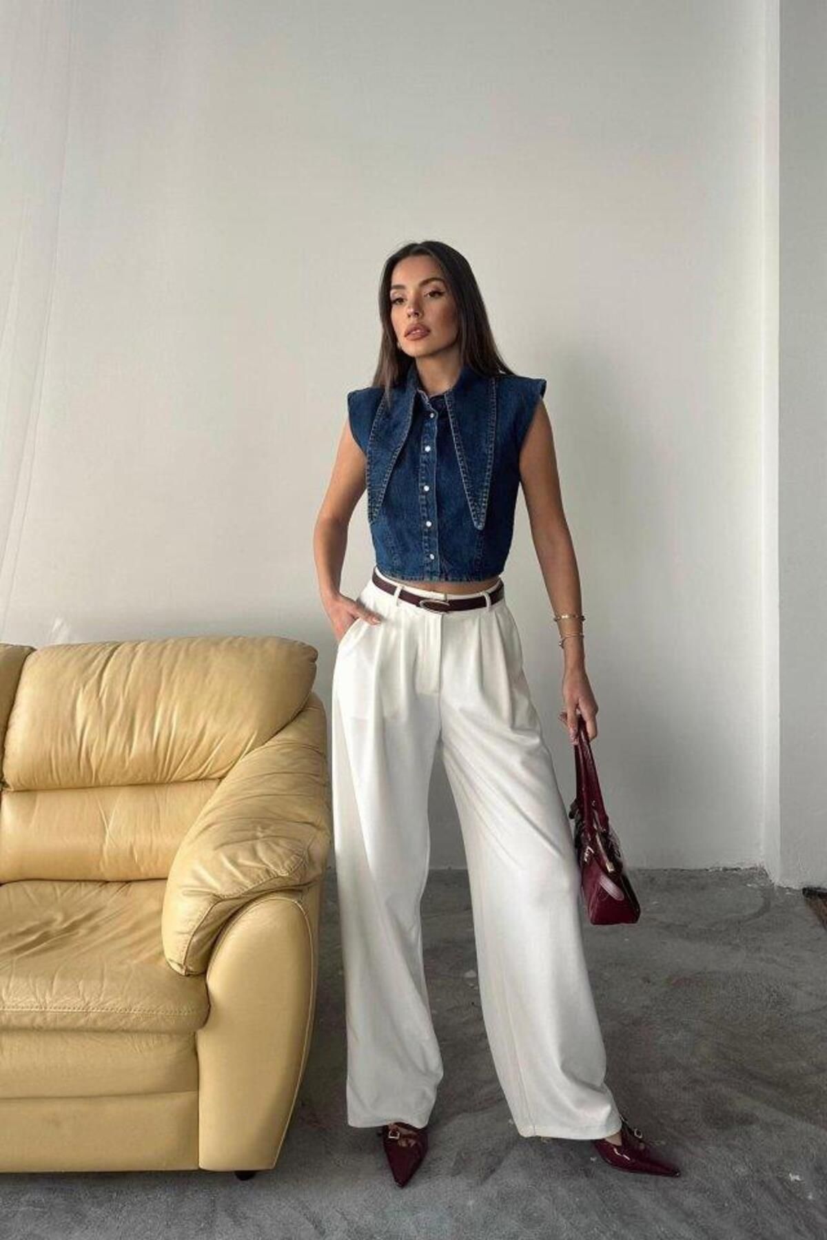 modamtn Mavi Yaka Detaylı Denim Crop