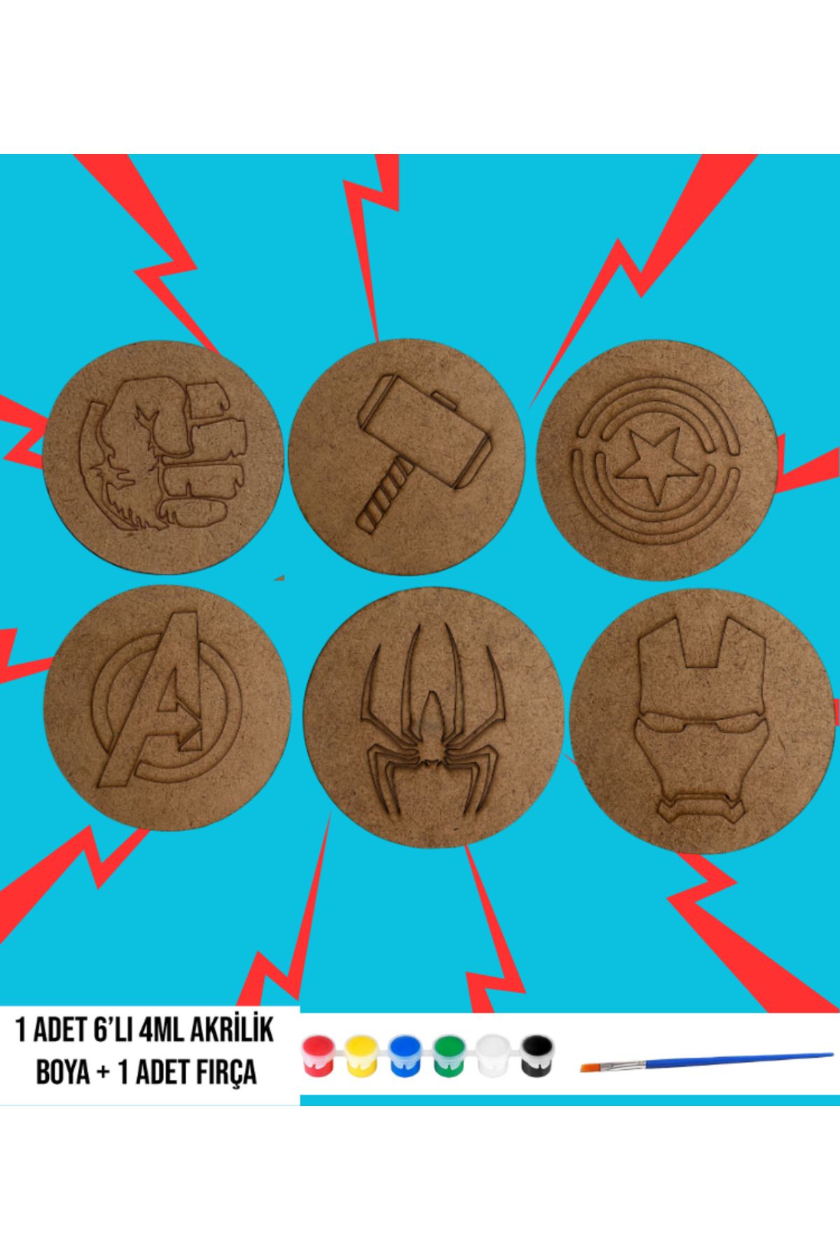 MODAT Ahşap Avengers Süper Kahramanlar Logo Boyama Seti Eğitici Montessori Çocuk Gelişim Oyuncağı
