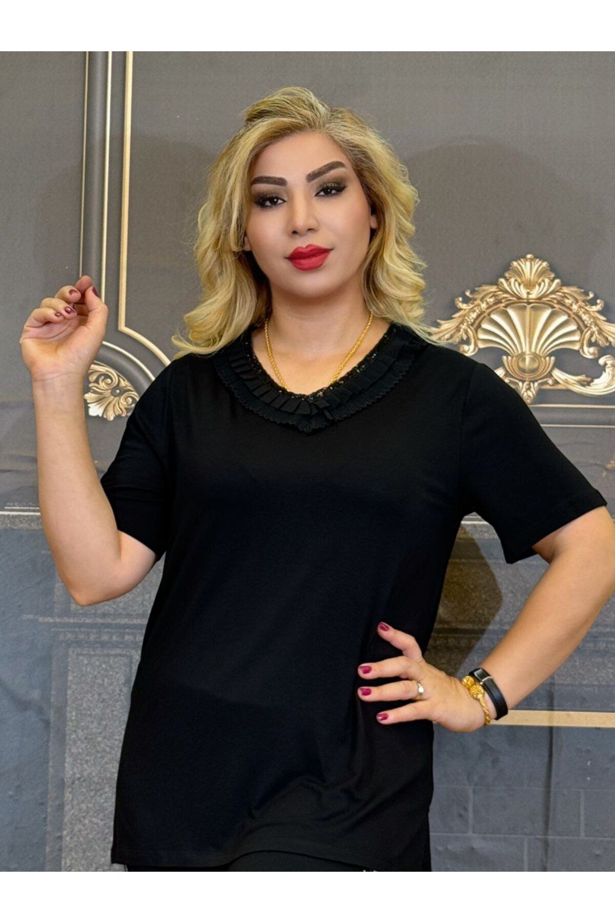 Yeşilmoda bluz Yazlık Yakası payetli siyah pamuk iplik Tişört Vyaka Günlük