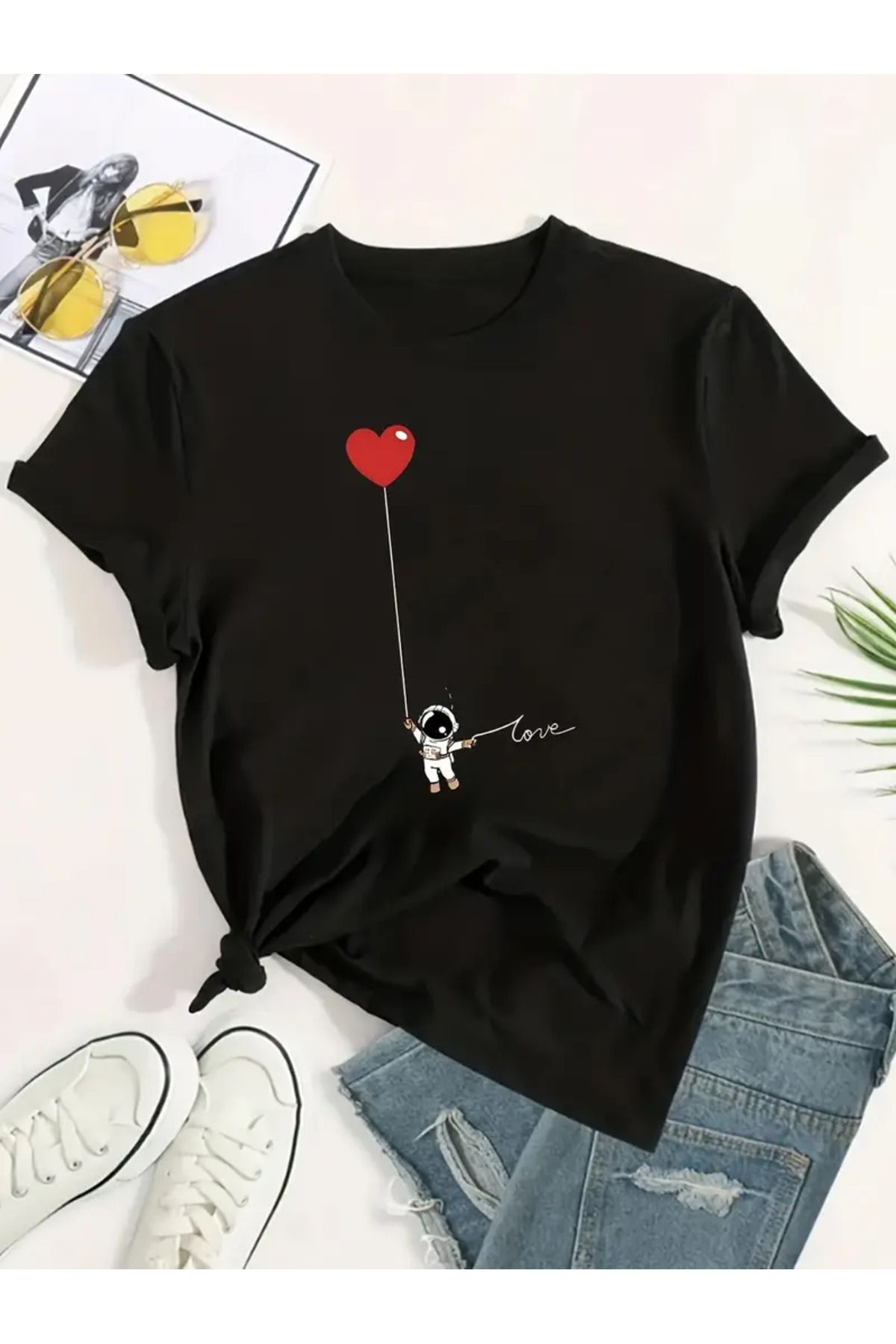 LAYORA - Unisex Astronaut Baskılı Bisiklet Yaka Oversize T-shirt