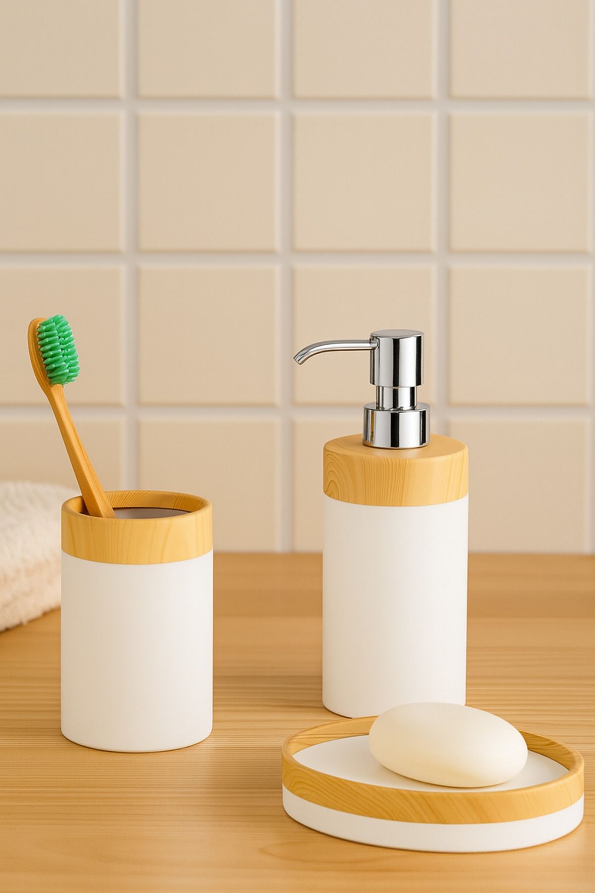 UYT LİFE Bambu Görünümlü Plastik 3' Lü Banyo Seti Sıvı Sabunluk Diş Fırçalık Sabunluk