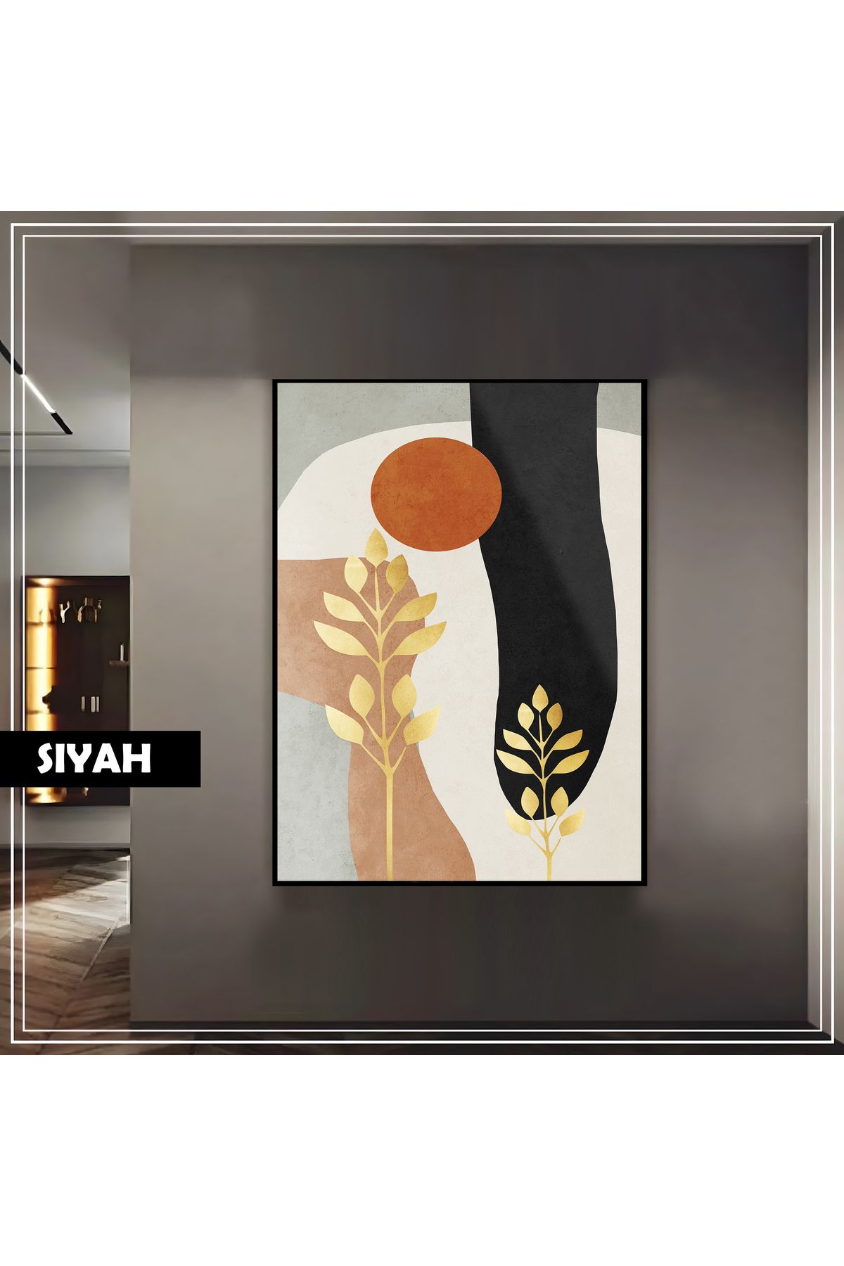 Harikabirev HARİKABİREV|SOYUT BOHEM ALTIN YAPRAK MODELİ|ÇERÇEVELİ TEMPERLİ CAM TABLO TEKLİ DİKEY