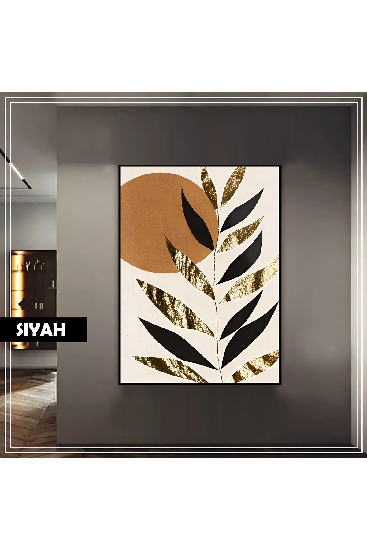 Harikabirev HARİKABİREV|BOHEM ALTIN-SİYAH YAPRAK MODEL |ÇERÇEVELİ TEMPERLİ CAM TABLO TEKLİ DİKEY