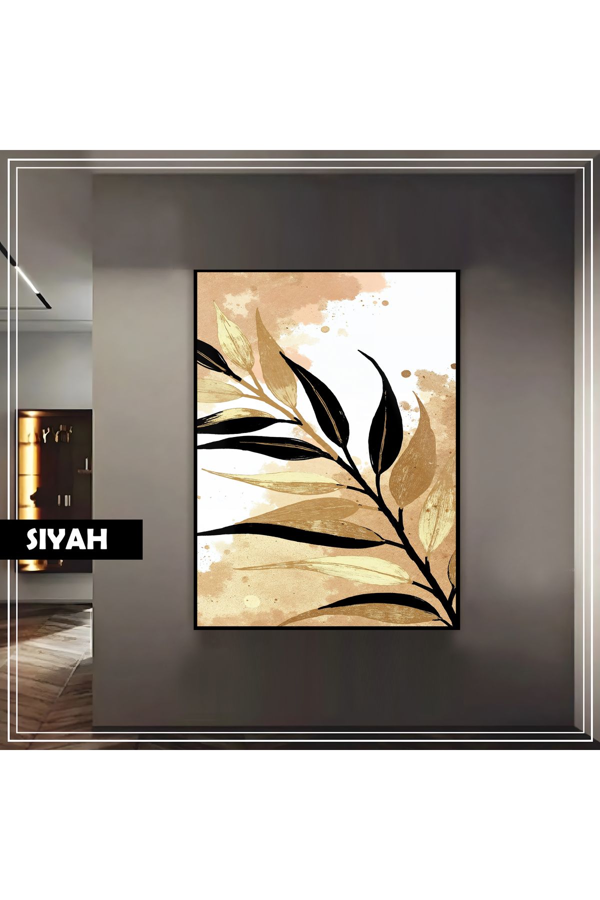 Harikabirev HARİKABİREV|SOYUT BOHEM ALTIN -SİYAH YAPRAK MODELİ|ÇERÇEVELİ TEMPERLİ CAM TABLO TEKLİ DİKEY