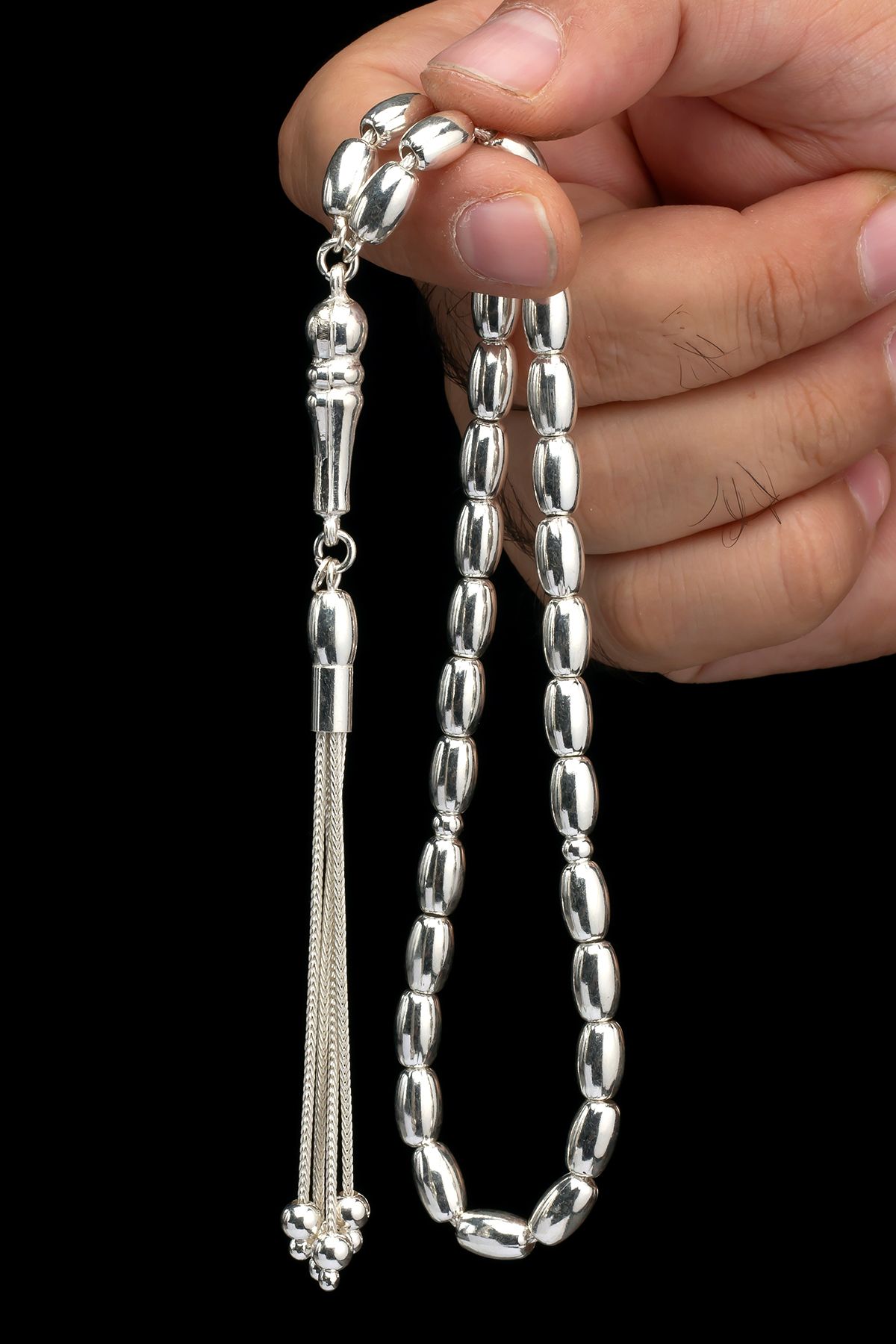 EHİNOS Sertifikalı Gümüş Tespih 6x10mm 28Gr Kapsül Kesim