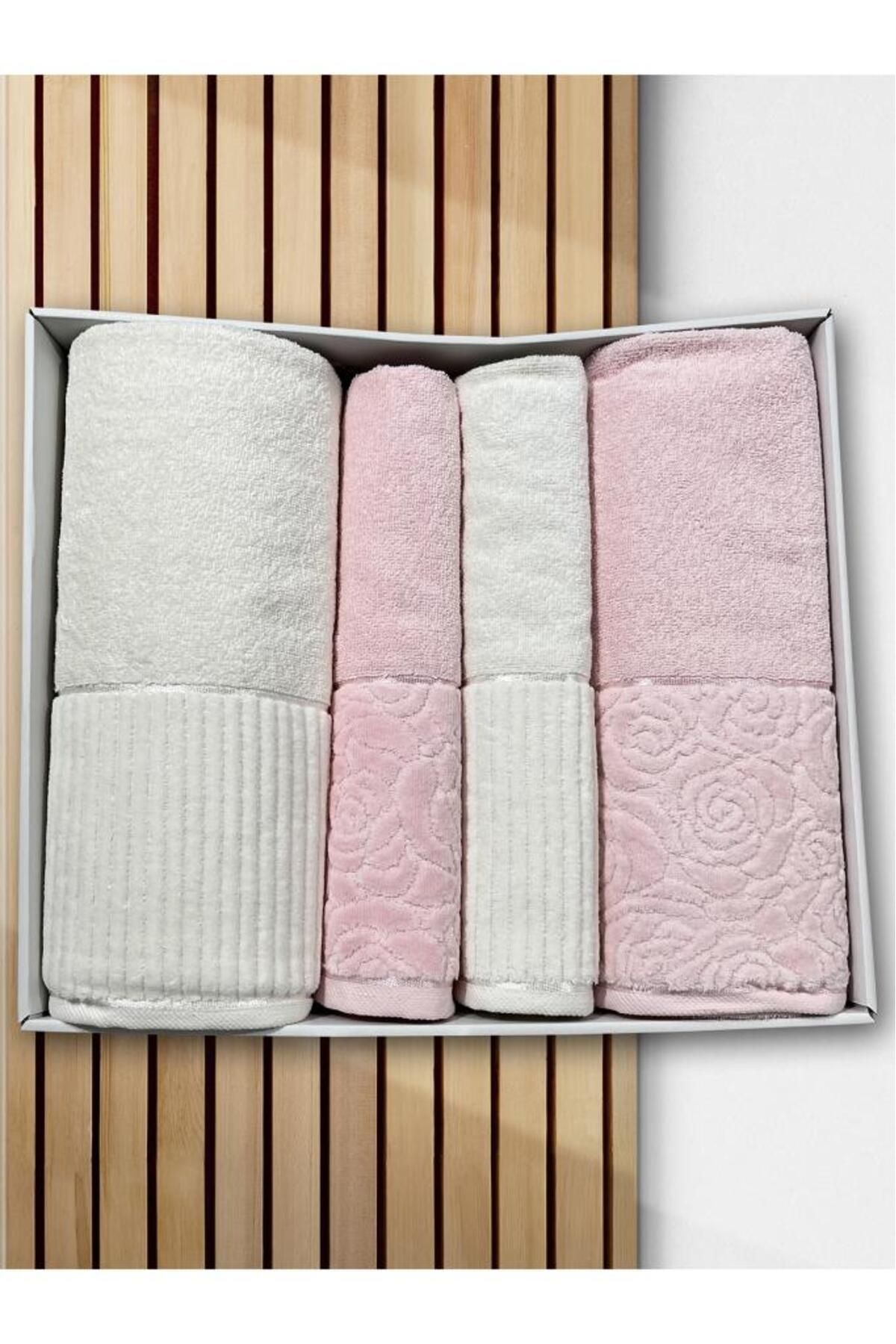 Çeyiz Diyarı Sevgi Hamam Takımı 4 Parça Krem - Pudra