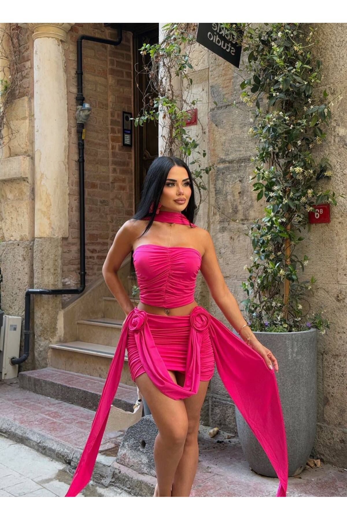 sajarsln Saja Rsln Kristal Kumaş Likralı Gül Detaylı Elbise