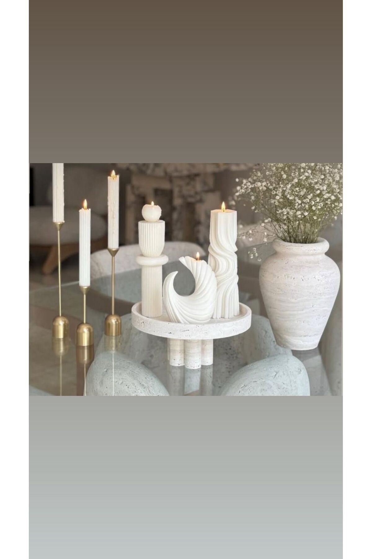 SCA CANDLE Dekoratif Mum Tekli Top+Ay+Dalga+Şamdanlık Mum Toplam 6 Parça