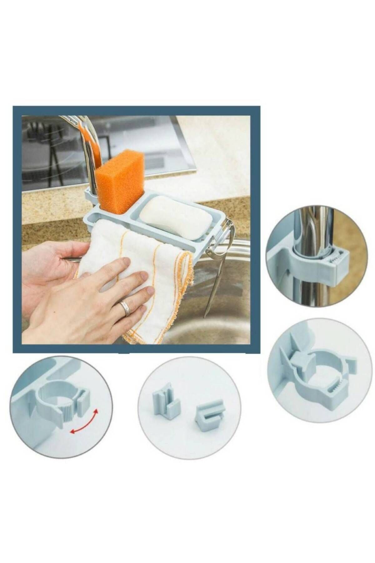 DEPPOSITE Musluğa Takılan Sünger Havlu Askısı Sabun Hazneli Mutfak Banyo Lavabo Düzenleyici Organizer