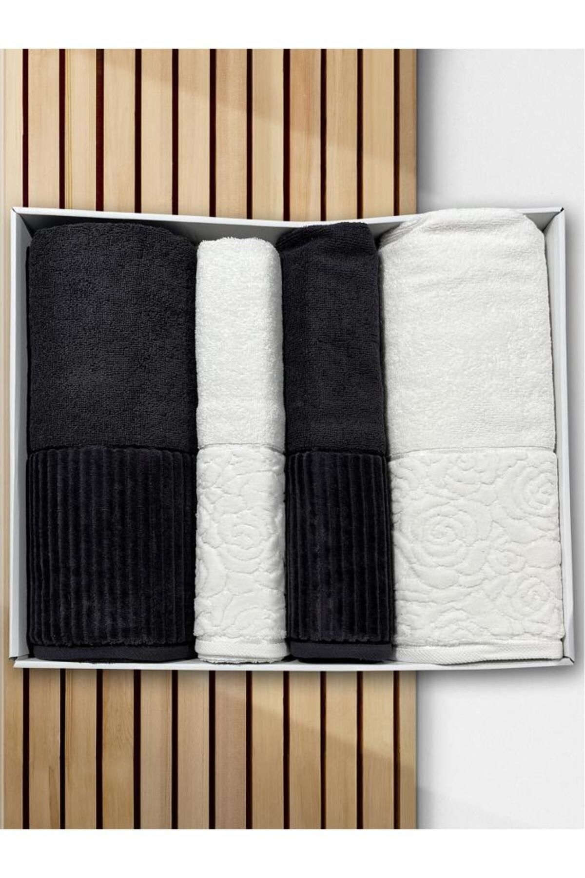 Çeyiz Diyarı Sevgi Hamam Takımı 4 Parça Krem - Antrasit