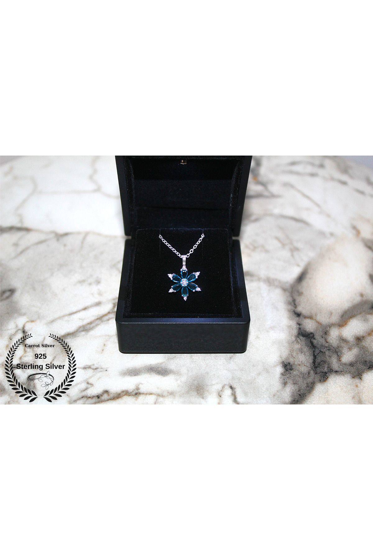 carrot silver 925 Ayar Gümüş Aqua Taşlı Kamelya Çiçeği Kolye-Hediye Paketli-Lotus