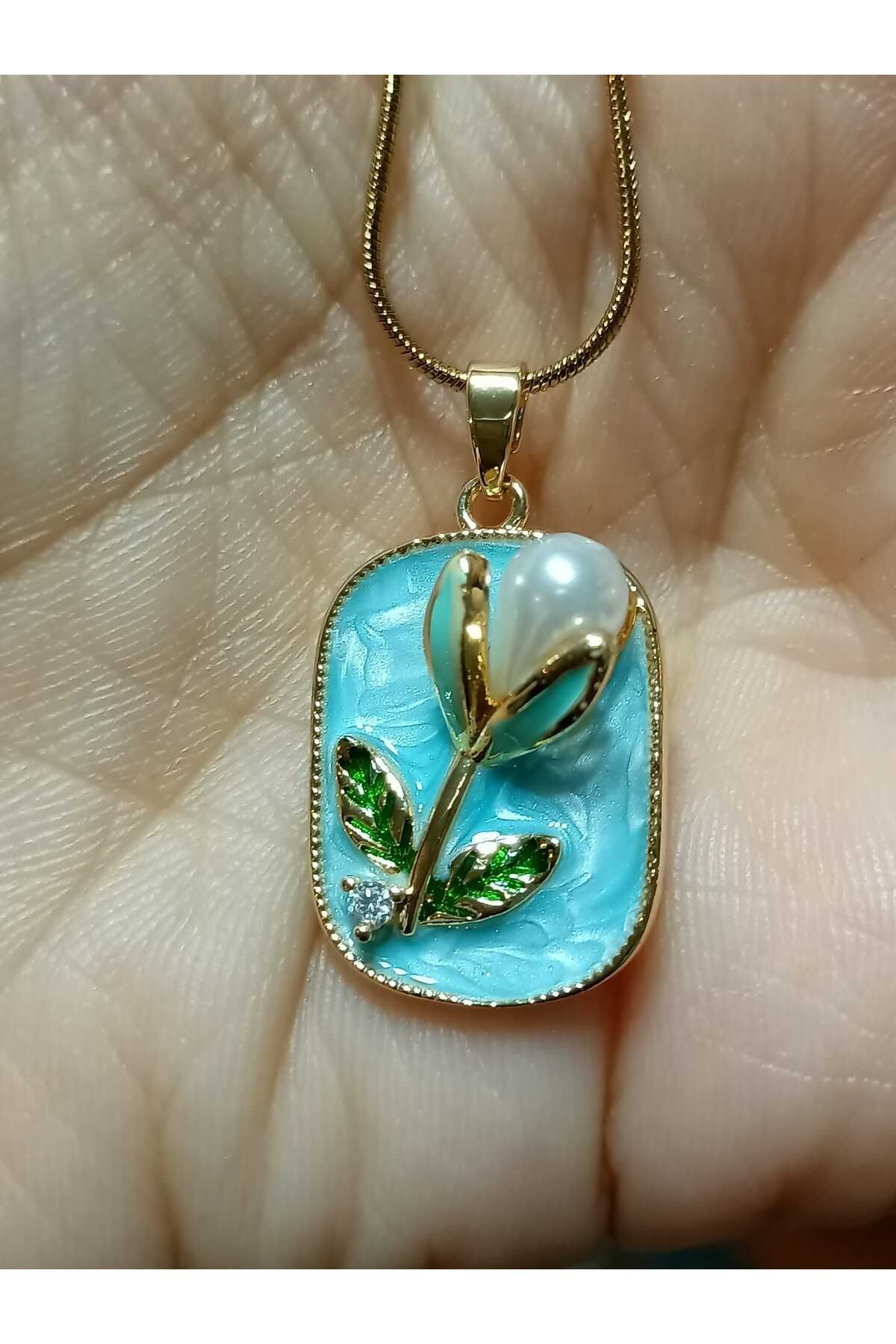 BLUE ROSE BİJUTERİ SEDEFLİ İNCİLİ ÇELİK KOLYE M4
