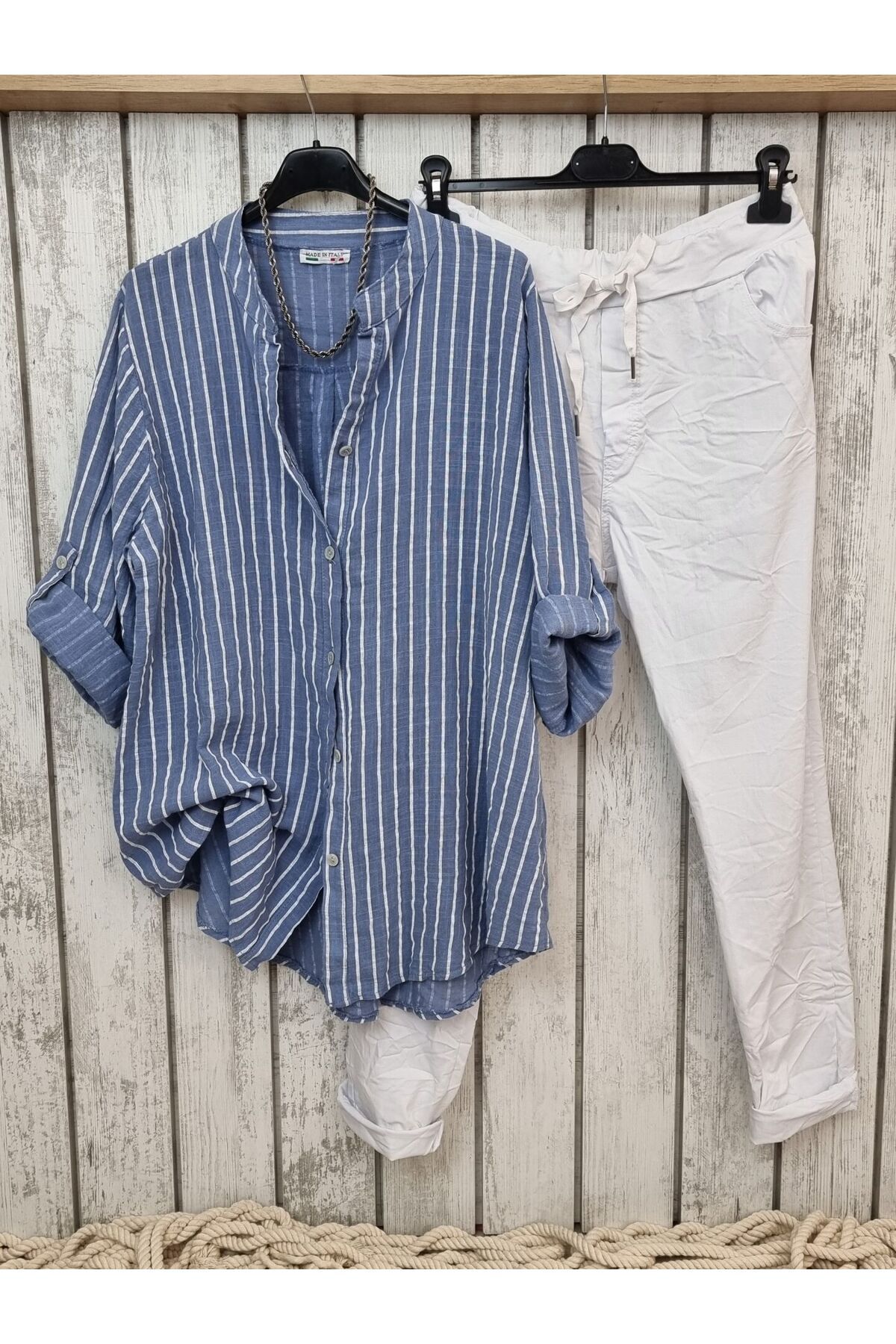 pudubutik Oversize Pamuklu Boyuna Çizgili Denim Mavi