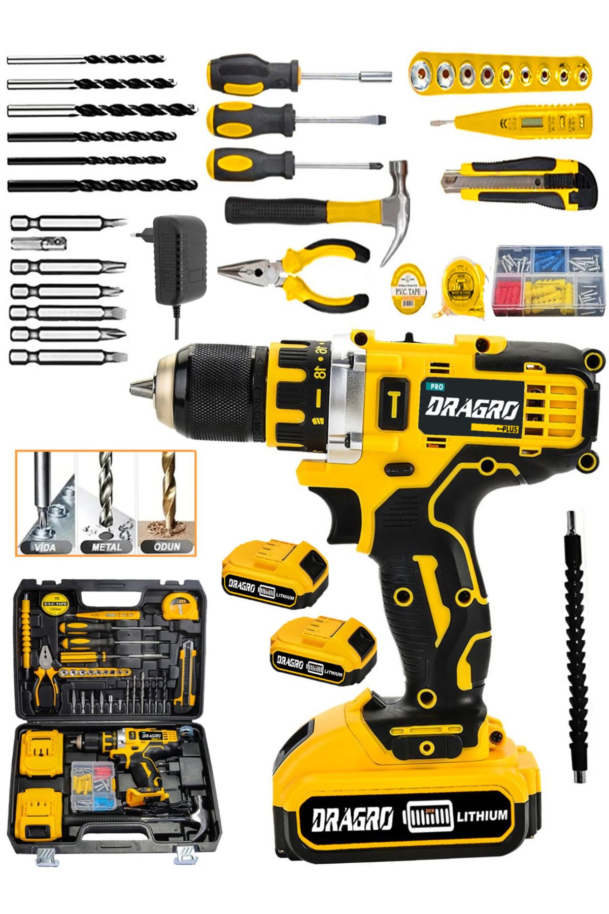 Dragro Germany Tecnology Metal Şanzıman Çift Bakır Sargı Akülü Vidalama Matkap Yardmcı Set