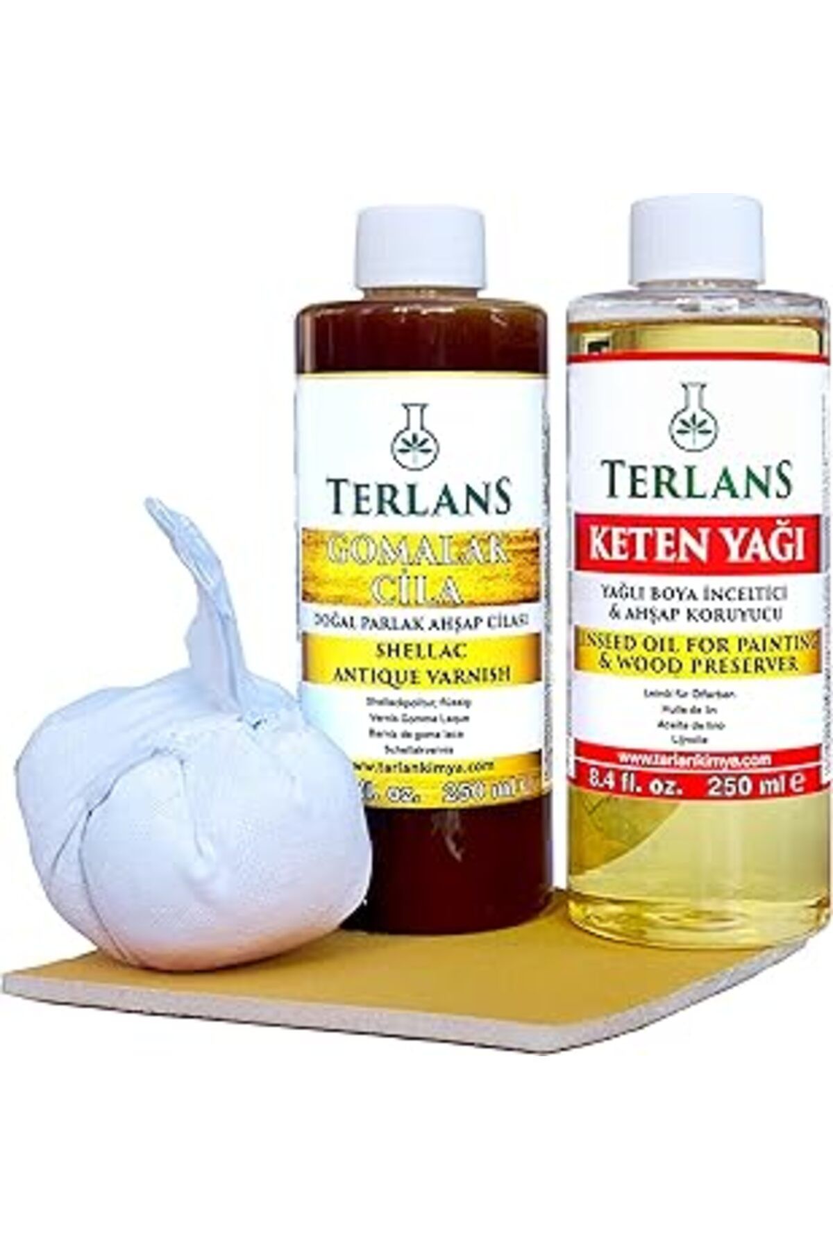 Pazarcan Terlans Doğal Ahşap Cila Seti Gomalak + Keten Yağı + Sürme Topu + Süngerli Zımpara