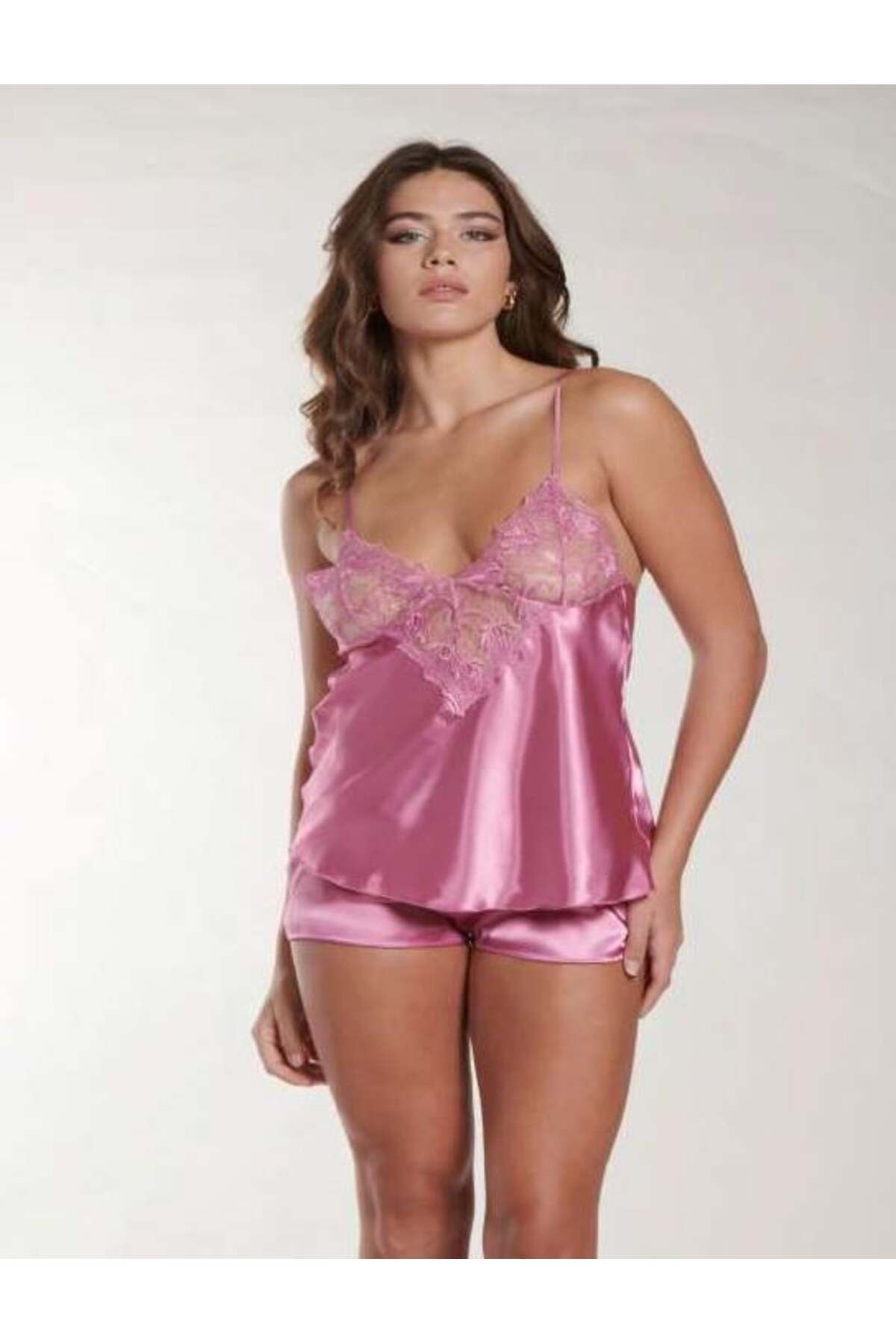 Aria's Closet Pembe Dantel Detaylı İnce Askılı Saten Şortlu Takım